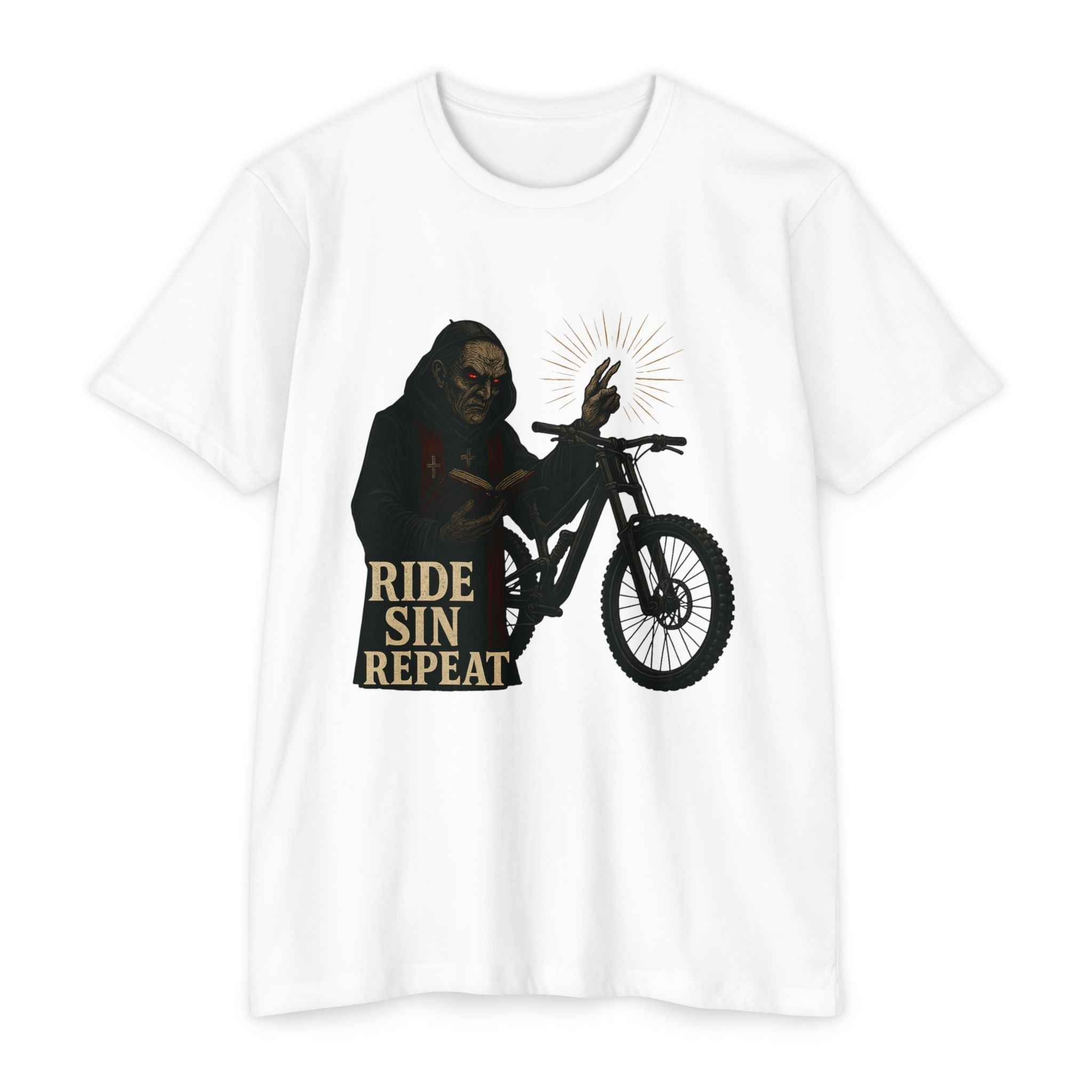 White Men's Mountain Bike Gothic MTB T-Shirt with eerie priest holding a bike and 'Ride Sin Repeat' print. Great for bold outdoor wear enthusiasts.