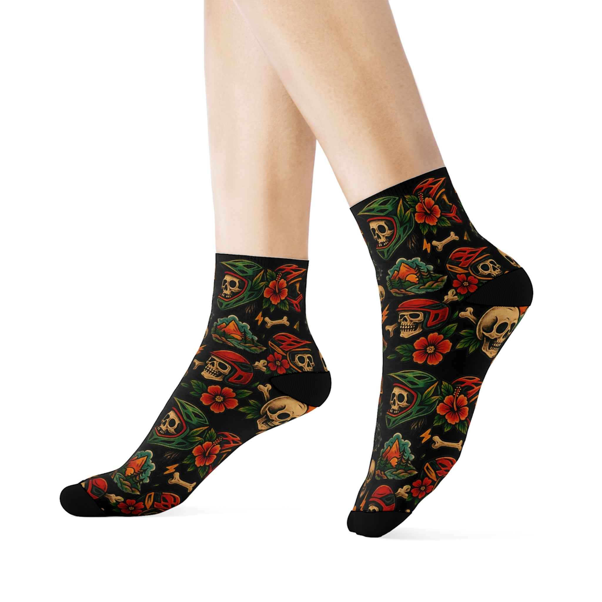 Side view of Vintage Skull Floral Crew Socks on model, highlighting comfort fit and bold tattoo-style graphics for active lifestyle wear.