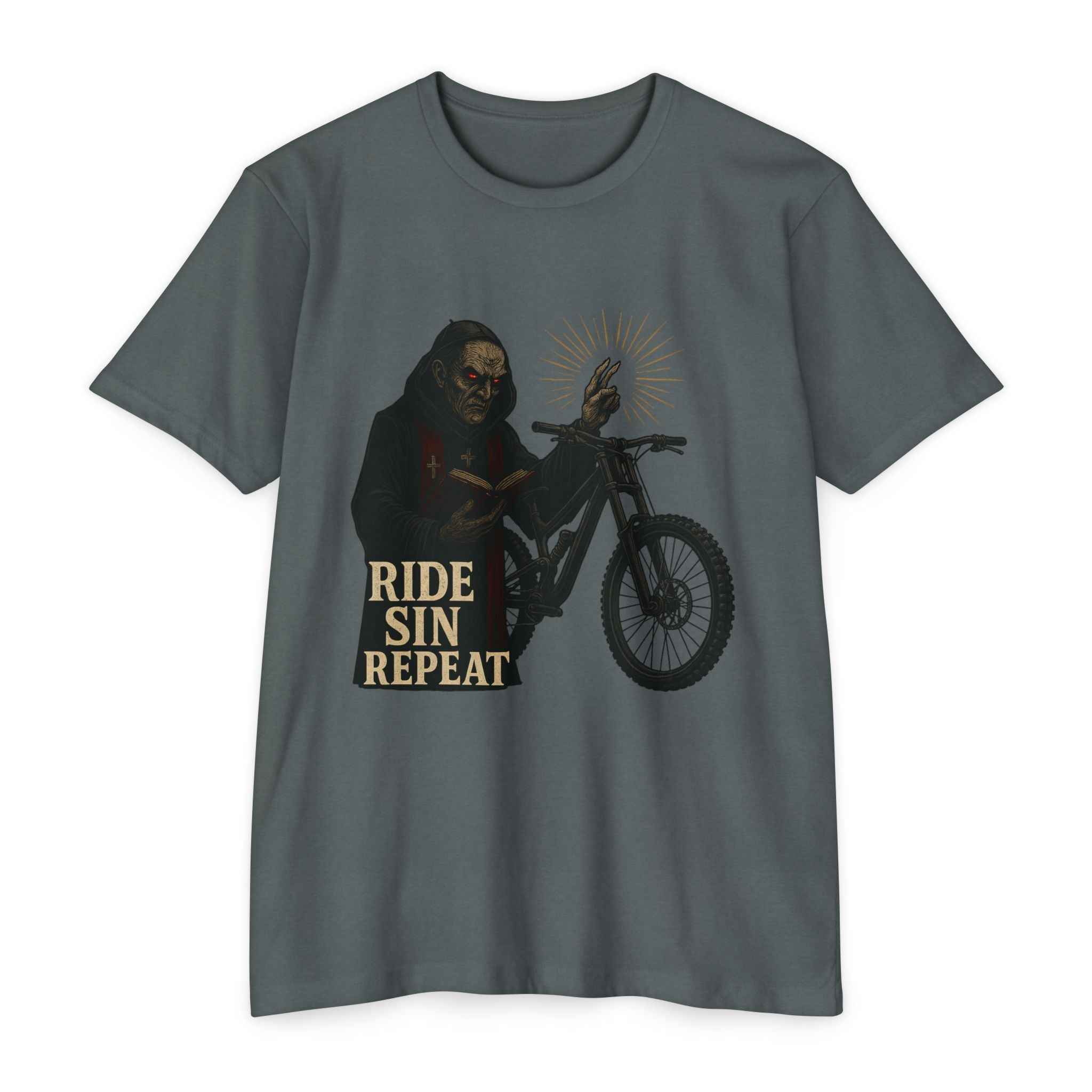 Men's Mountain Bike Gothic MTB T-Shirt in dark gray with sinister priest graphic and 'Ride Sin Repeat' text. Ideal for edgy biker fashion lovers.