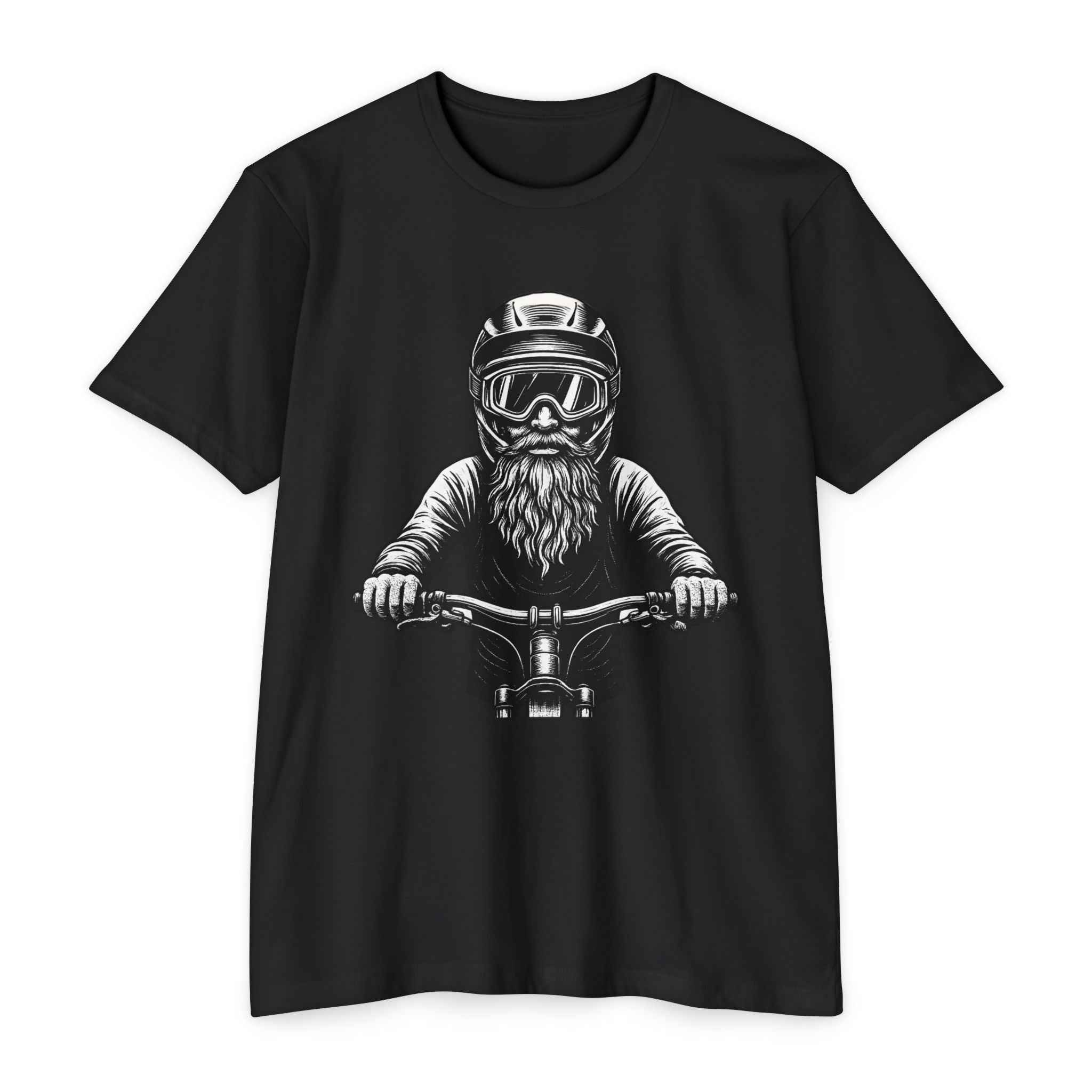 Black vintage mountain biker tee featuring a bold bearded rider graphic in helmet and goggles. Soft cotton blend ideal for outdoor biking.
