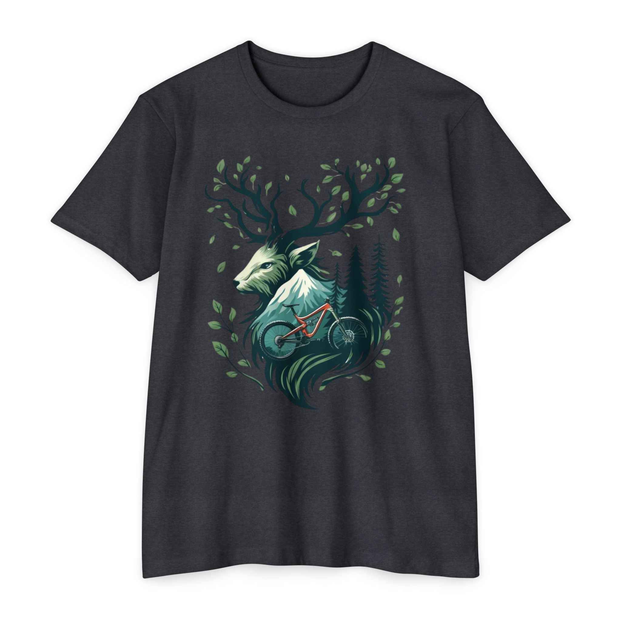 Charcoal Forest Deer Mountain Bike T-Shirt with vibrant deer and forest bike design. A must-have graphic tee for MTB-loving women.