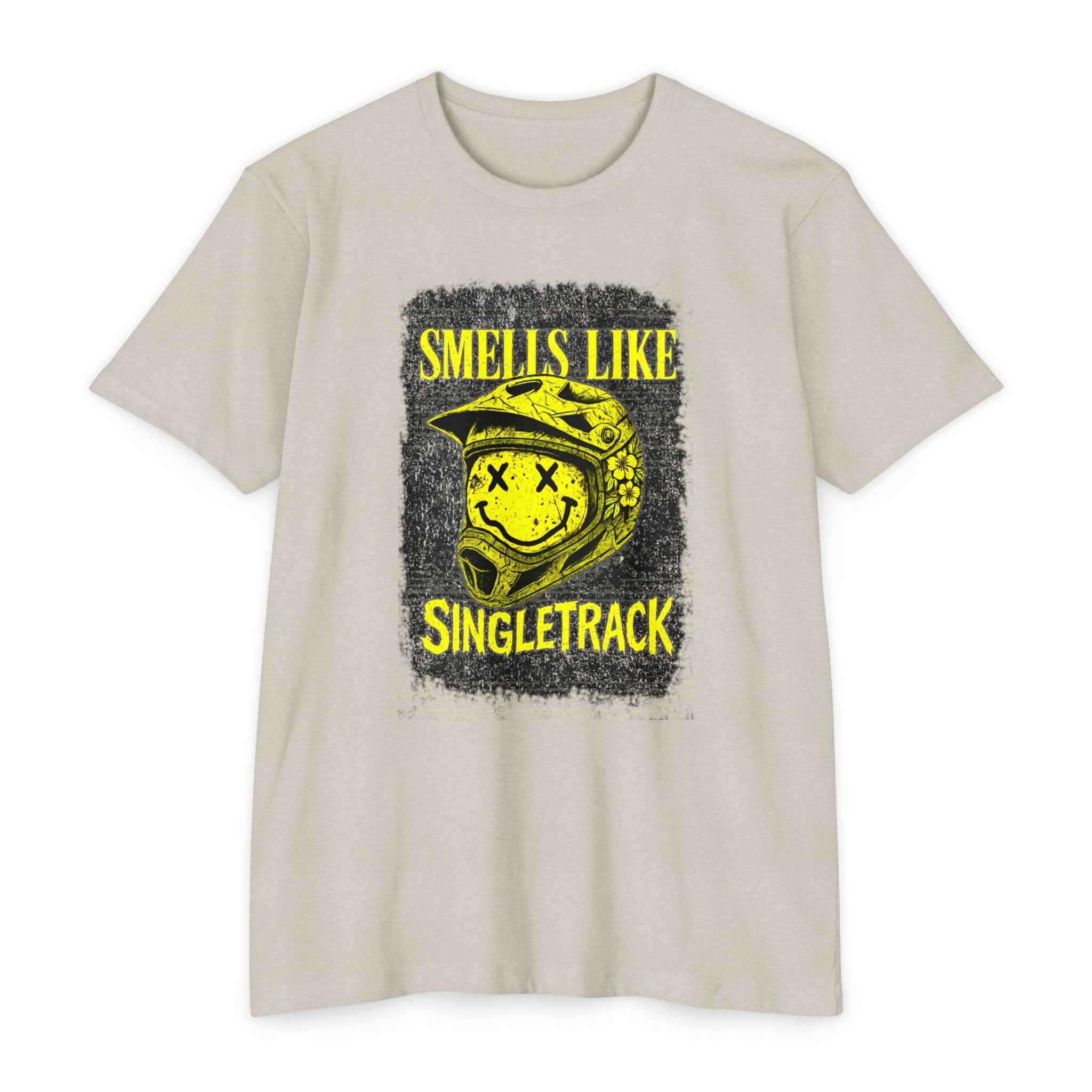 Beige Singletrack Mountain Biker T-Shirt featuring bold yellow helmet graphic and grunge text. Perfect for mountain biking enthusiasts.