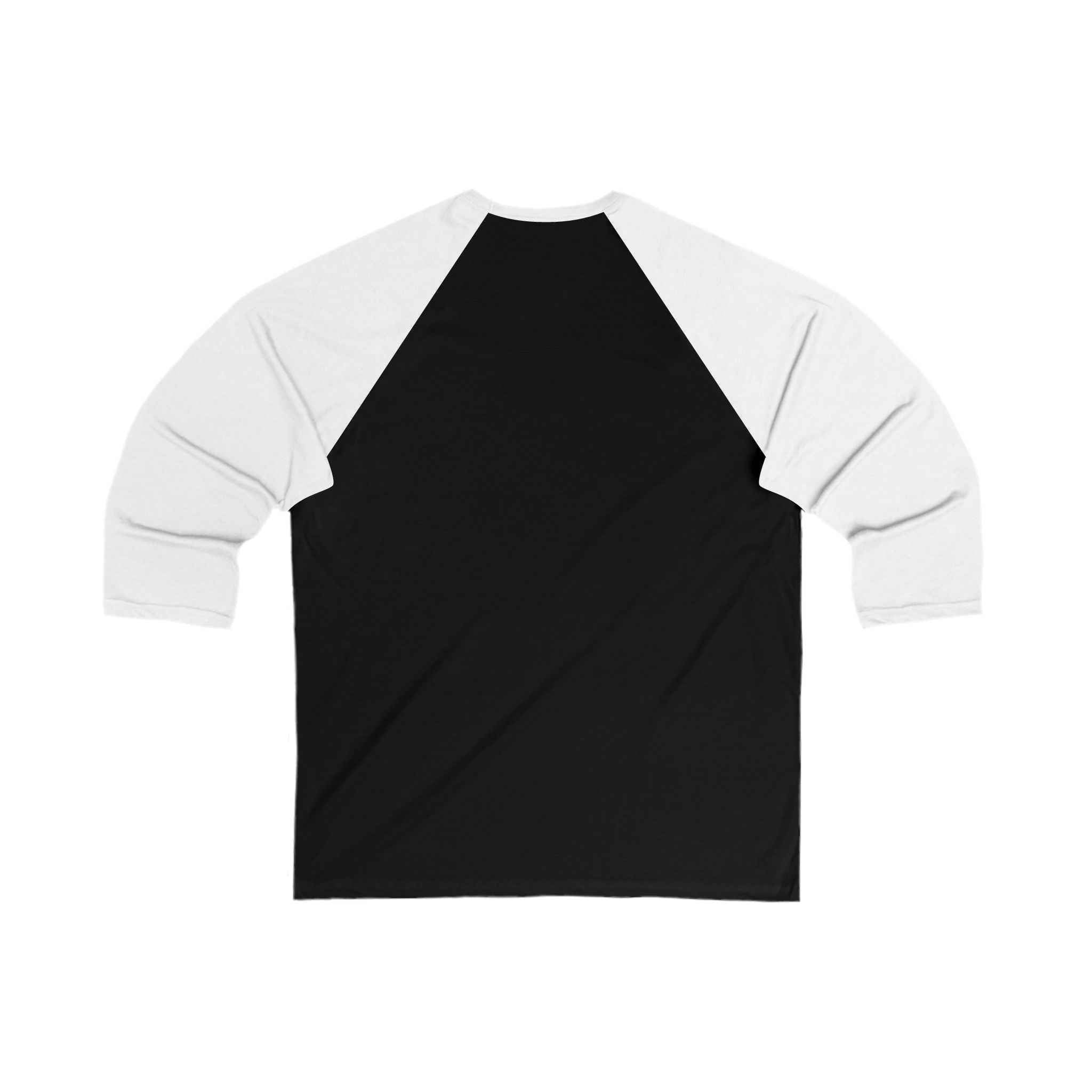 Back view of black unisex 3/4 sleeve tee with white raglan sleeves, designed for comfort and easygoing outdoor or streetwear fashion.