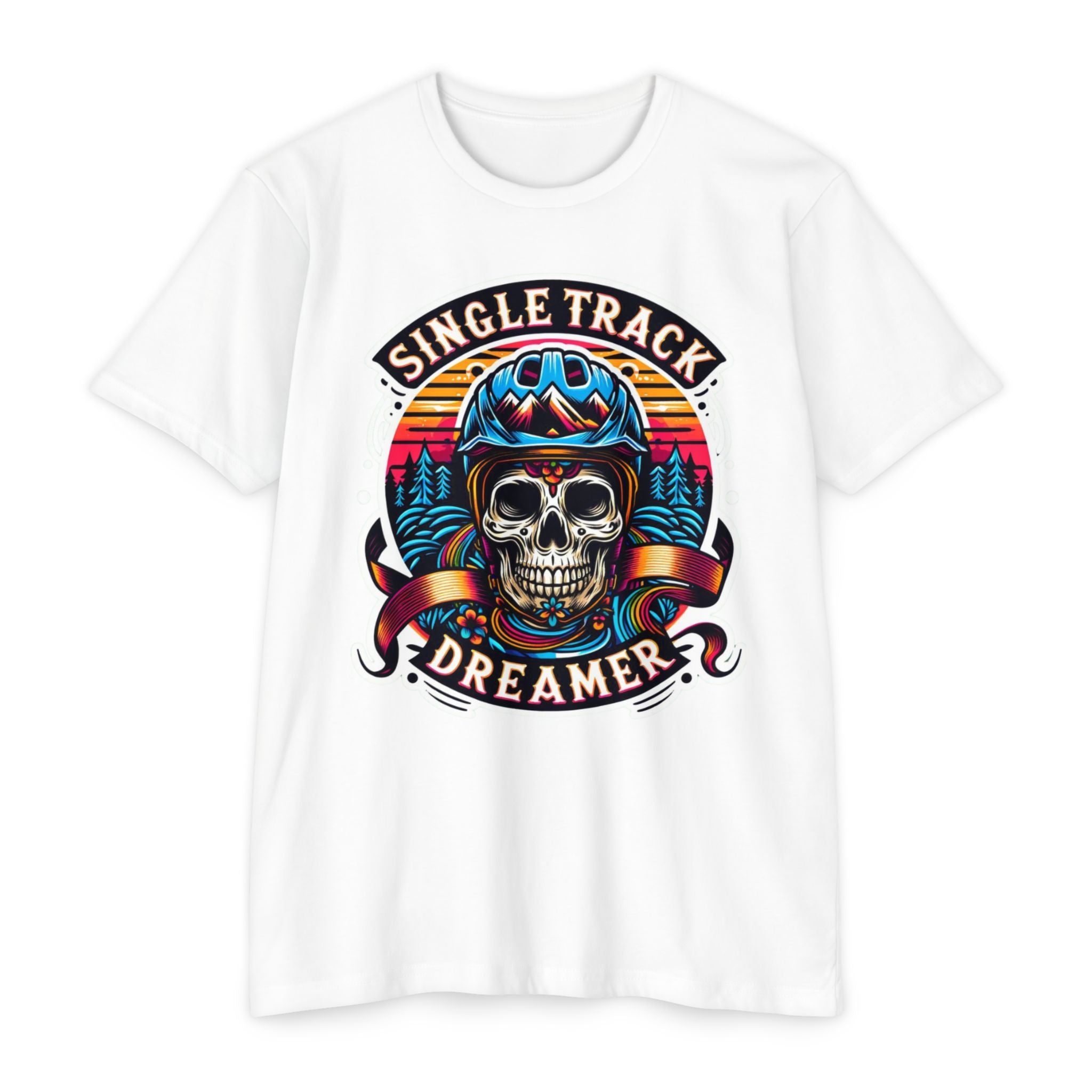 White Vintage Skull Rider Tee with colorful retro skull graphic and 'Single Track Dreamer' text, great for MTB and biker fashion lovers.