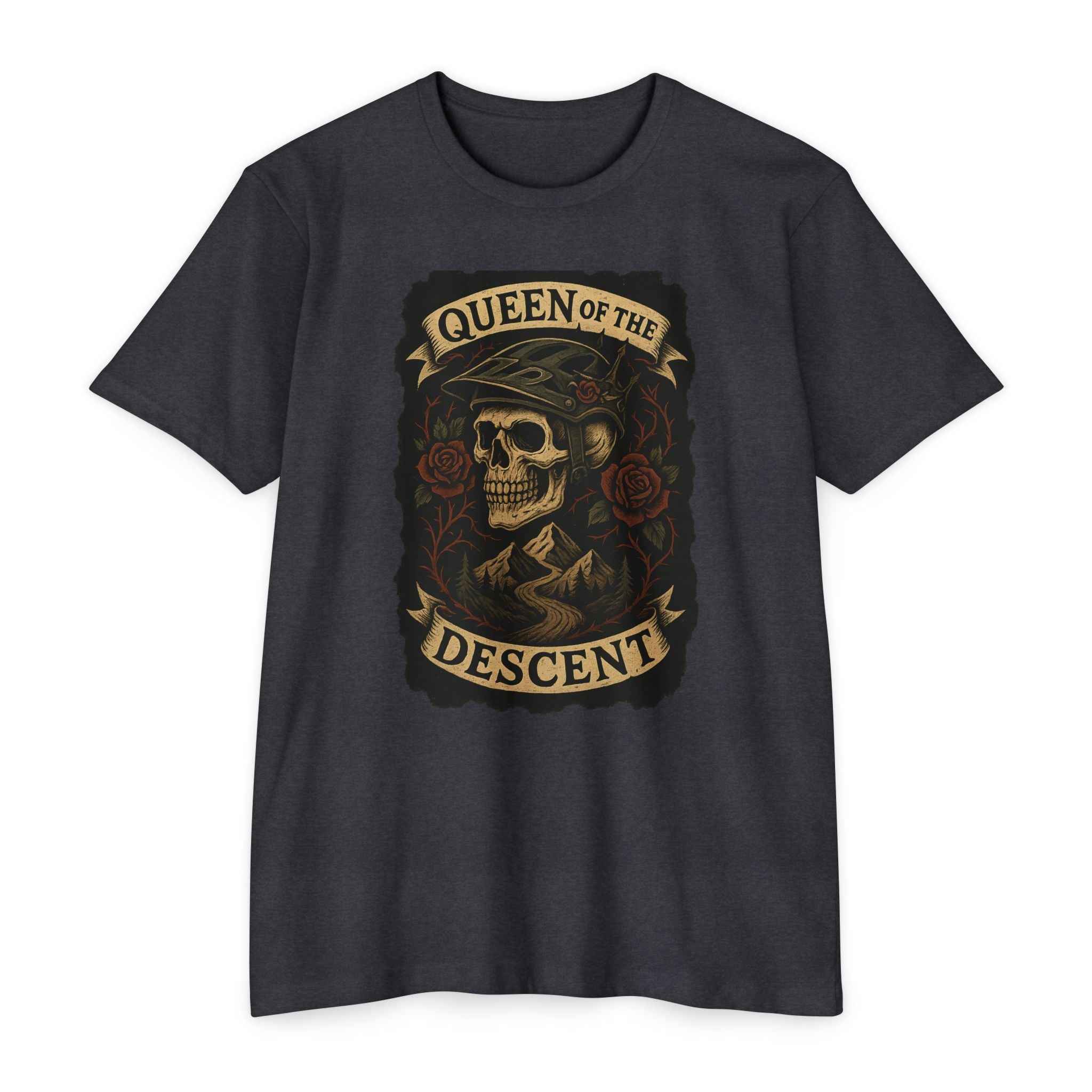 Queen Skull Tee Women's Shirt in charcoal with bold skull and rose artwork and 'Queen of the Descent' banner. Unique graphic tee for modern fashion.