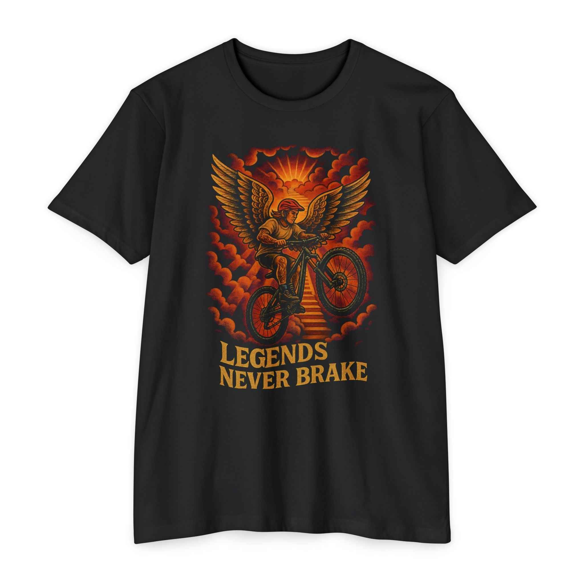 Cyclist Unisex Jersey Tee - Legends Never Brake features a bold winged mountain biker graphic with fiery clouds and stairs, perfect for MTB lifestyle apparel.