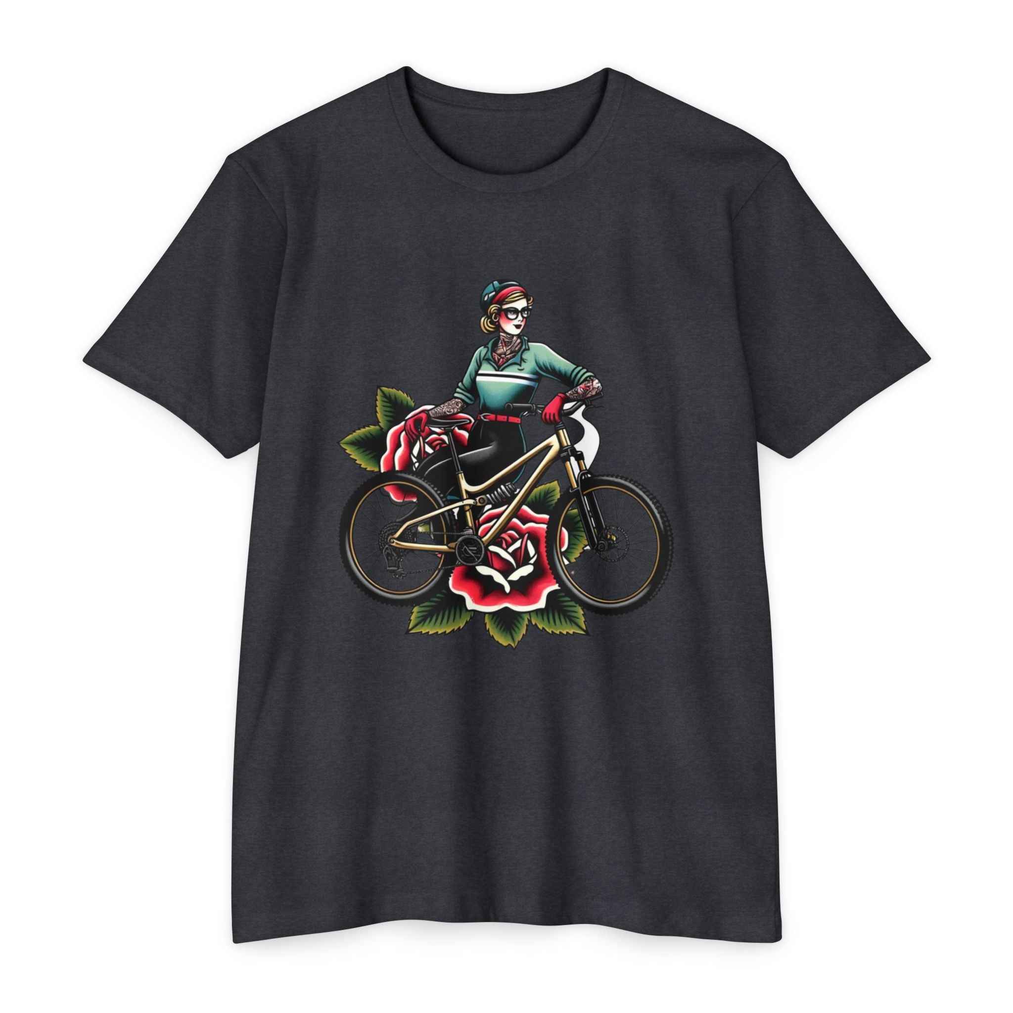 Women's MTB Tee - Vintage Rose Tattooed Rider Shirt in dark gray with vintage biker girl and rose tattoo print, ideal for mountain biking women.