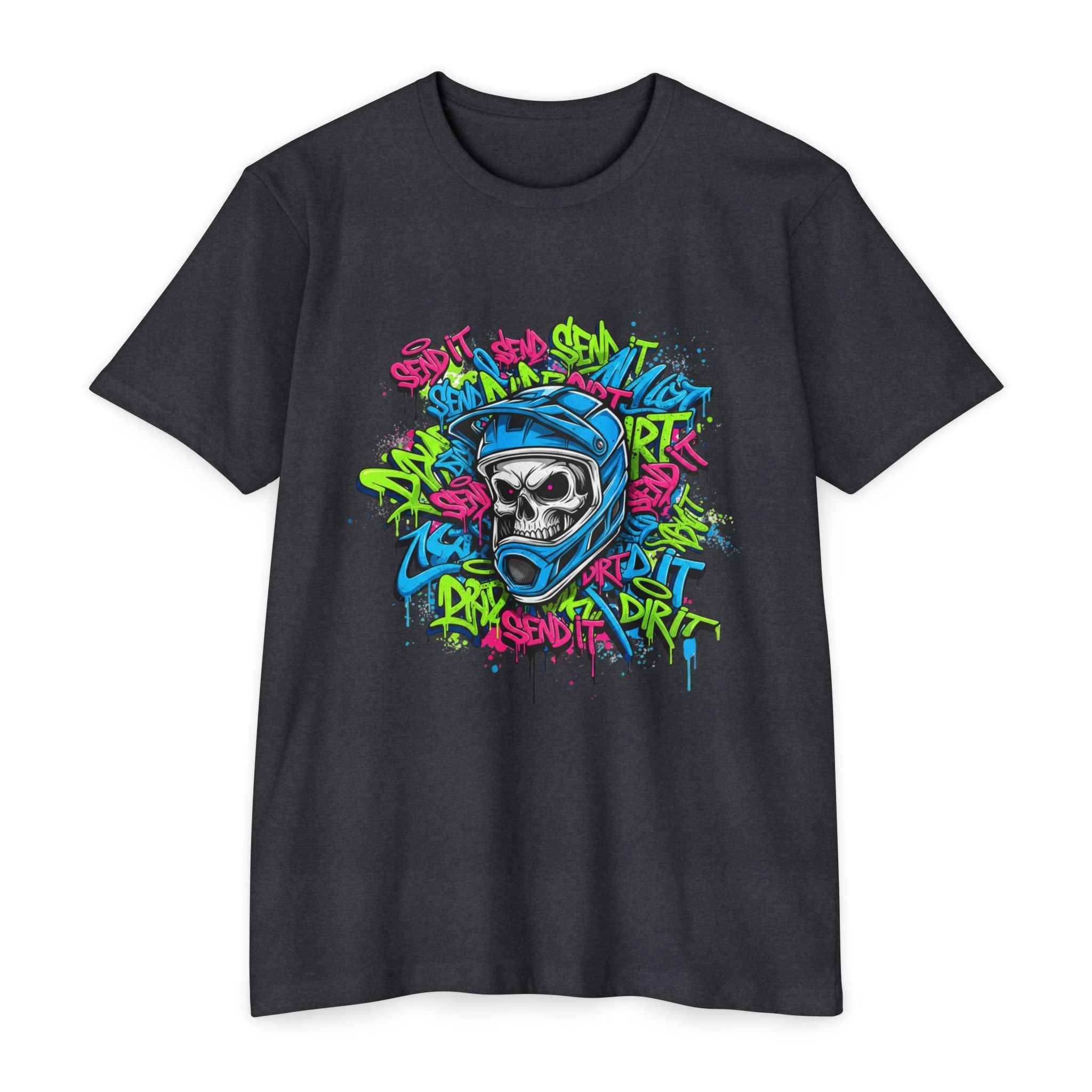 Men's Graffiti Skull T-Shirt in charcoal with edgy neon skull helmet graphic and graffiti lettering, designed for rebellious urban style.