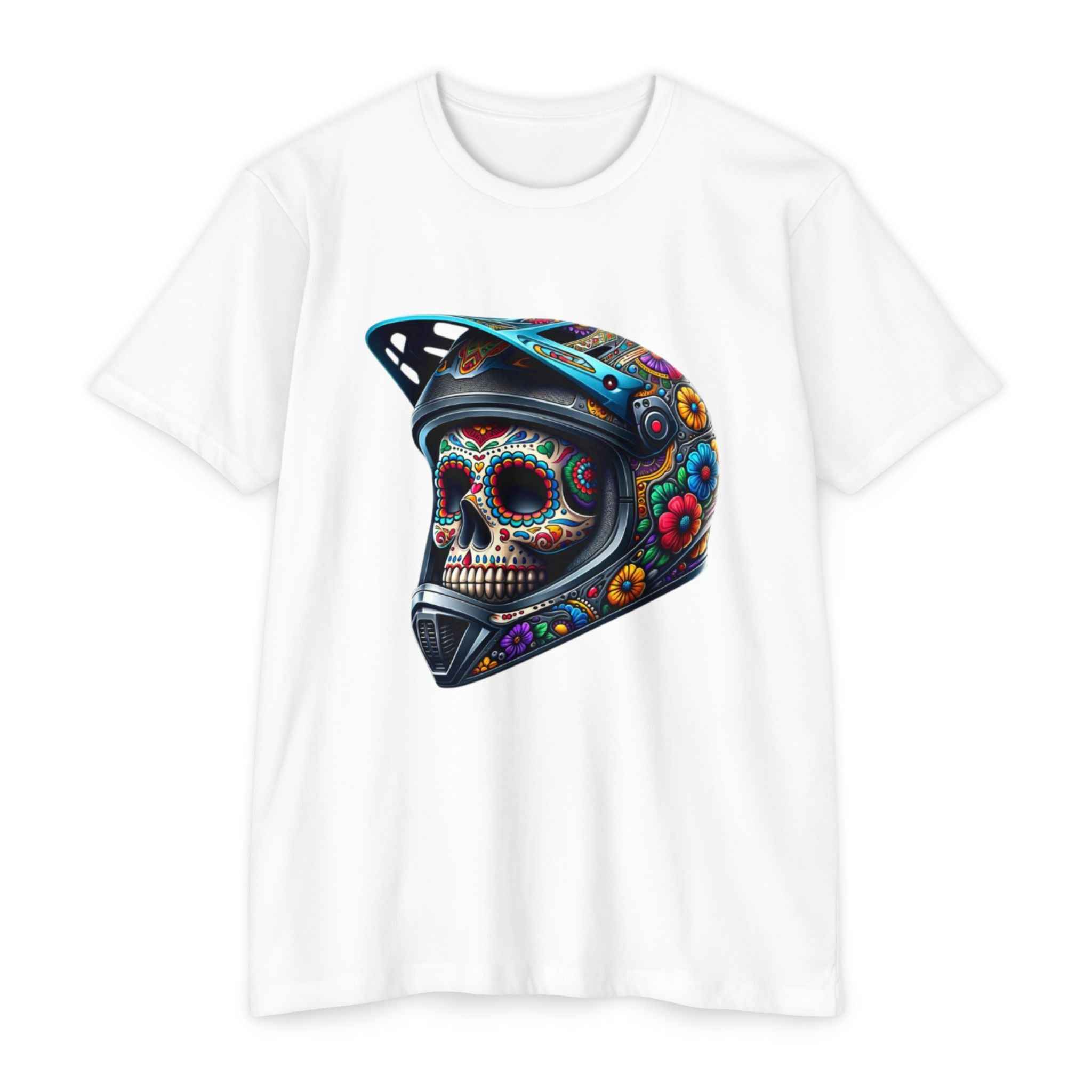 White Skull Candy Men's T-Shirt featuring a colorful skull in a helmet design. Breathable and versatile for casual wear.