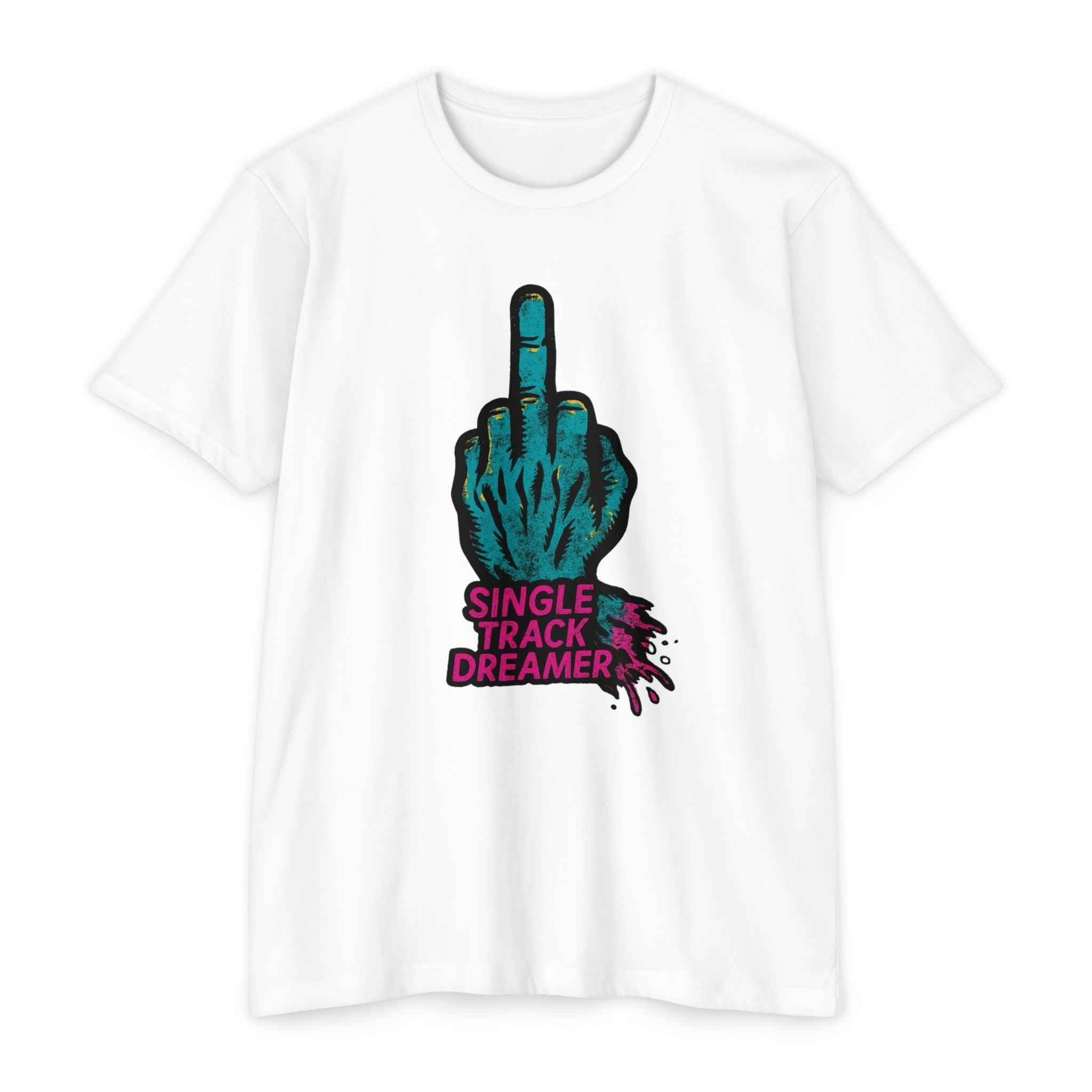 White t-shirt with a graphic of a hand making a peace sign and 'Single Track Dreamer' text on a white background