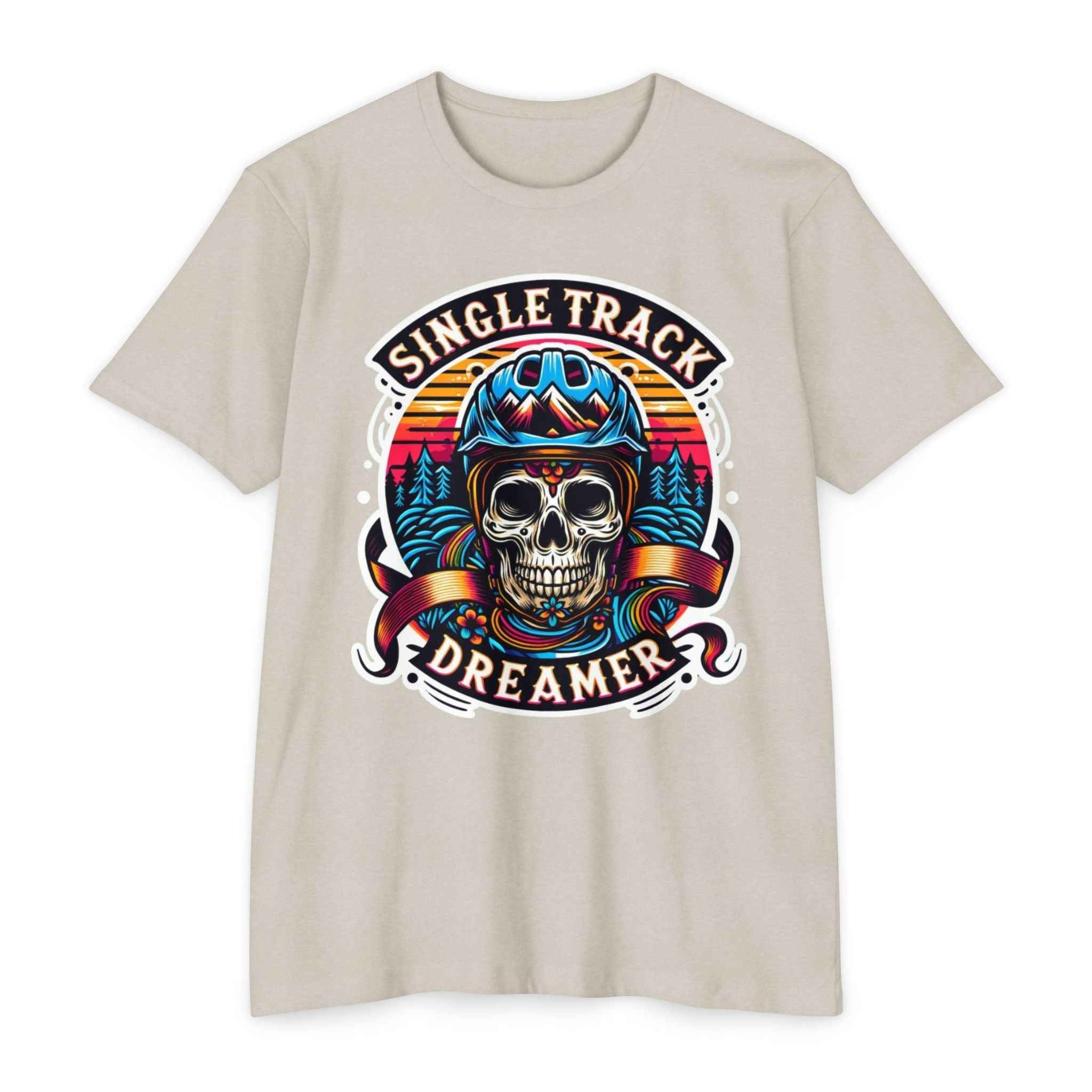 Vintage Skull Rider Tee in beige with bold 'Single Track Dreamer' graphic, perfect for MTB streetwear and biker lifestyle apparel.