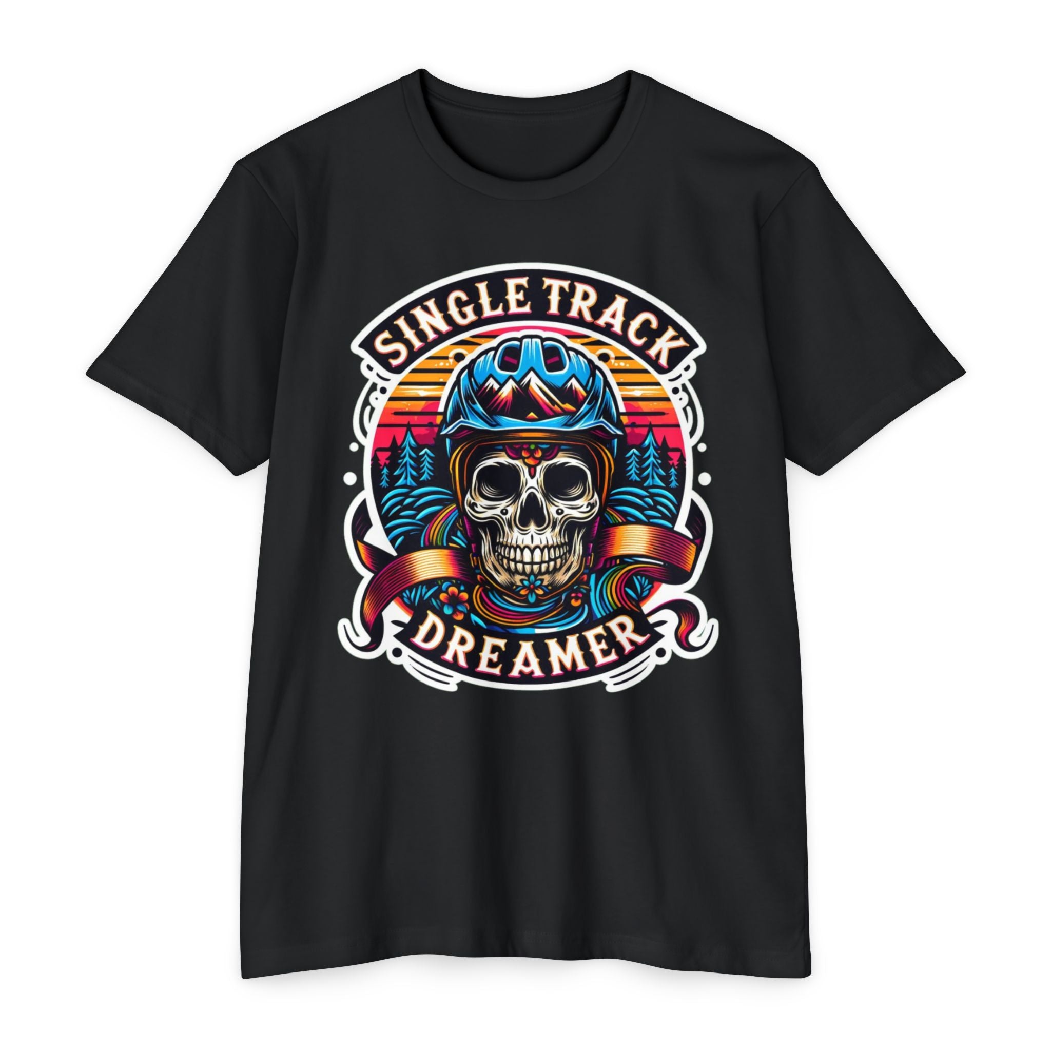 Black Vintage Skull Rider Tee with bold and colorful biker skull print, ideal for enduro MTB apparel and retro tattoo-style fashion.