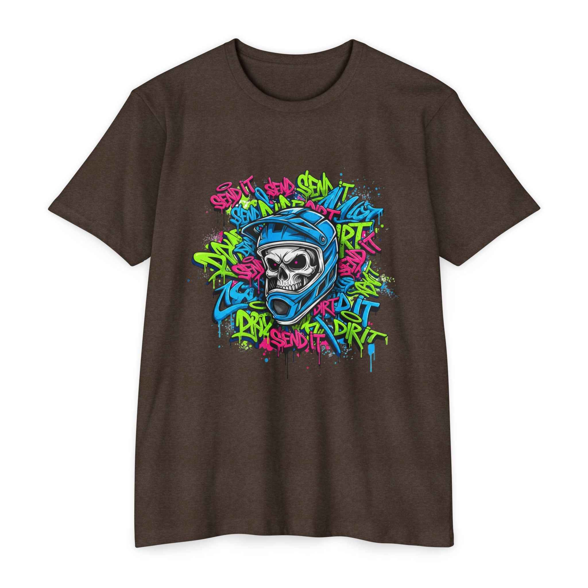 Men's Graffiti Skull T-Shirt in brown with neon graffiti skull and helmet print, great for casual wear and punk-inspired street fashion.