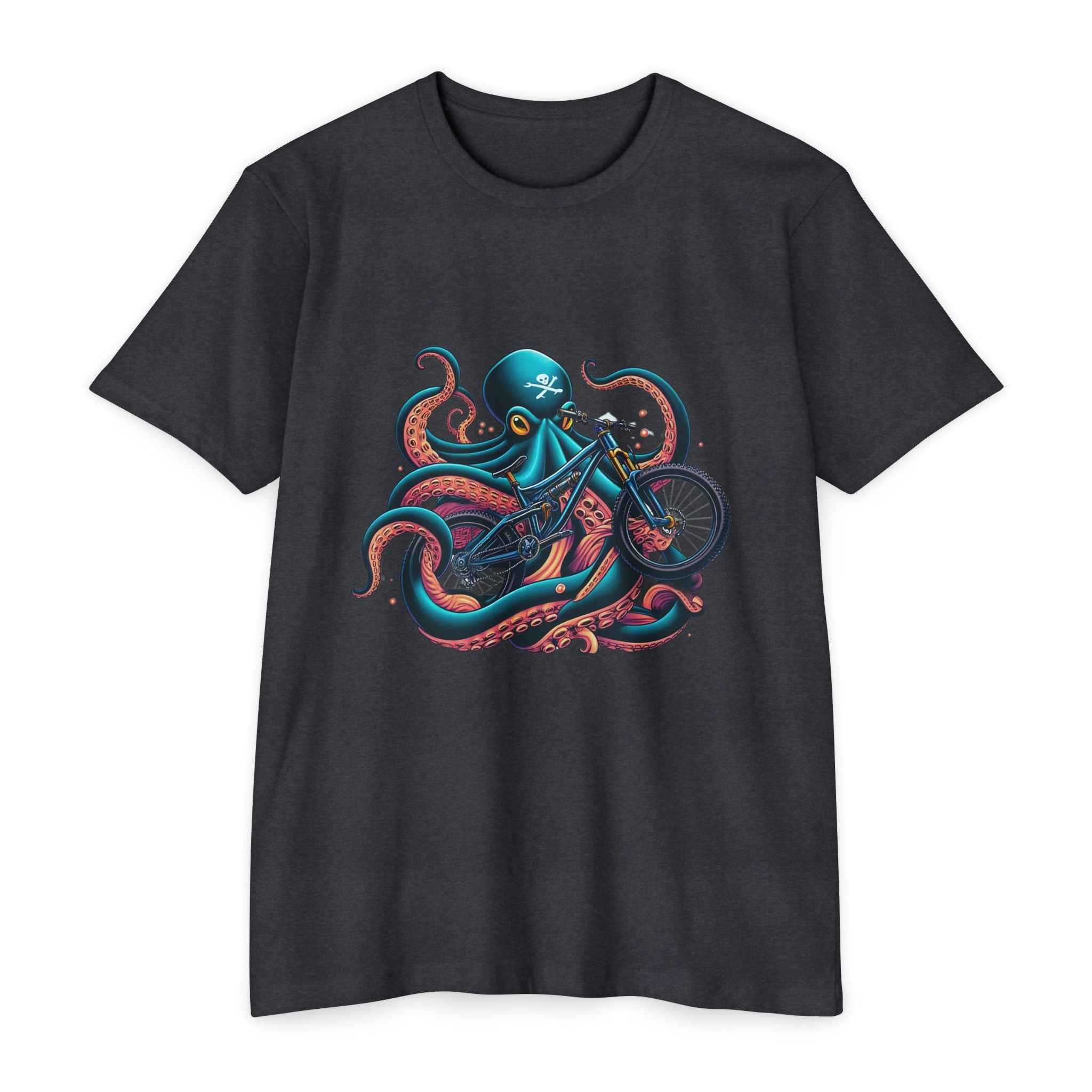 Charcoal Octo Rider Mountain Bike T-Shirt for unisex with vibrant octopus riding a bike graphic, ideal for cycling and ocean lovers.