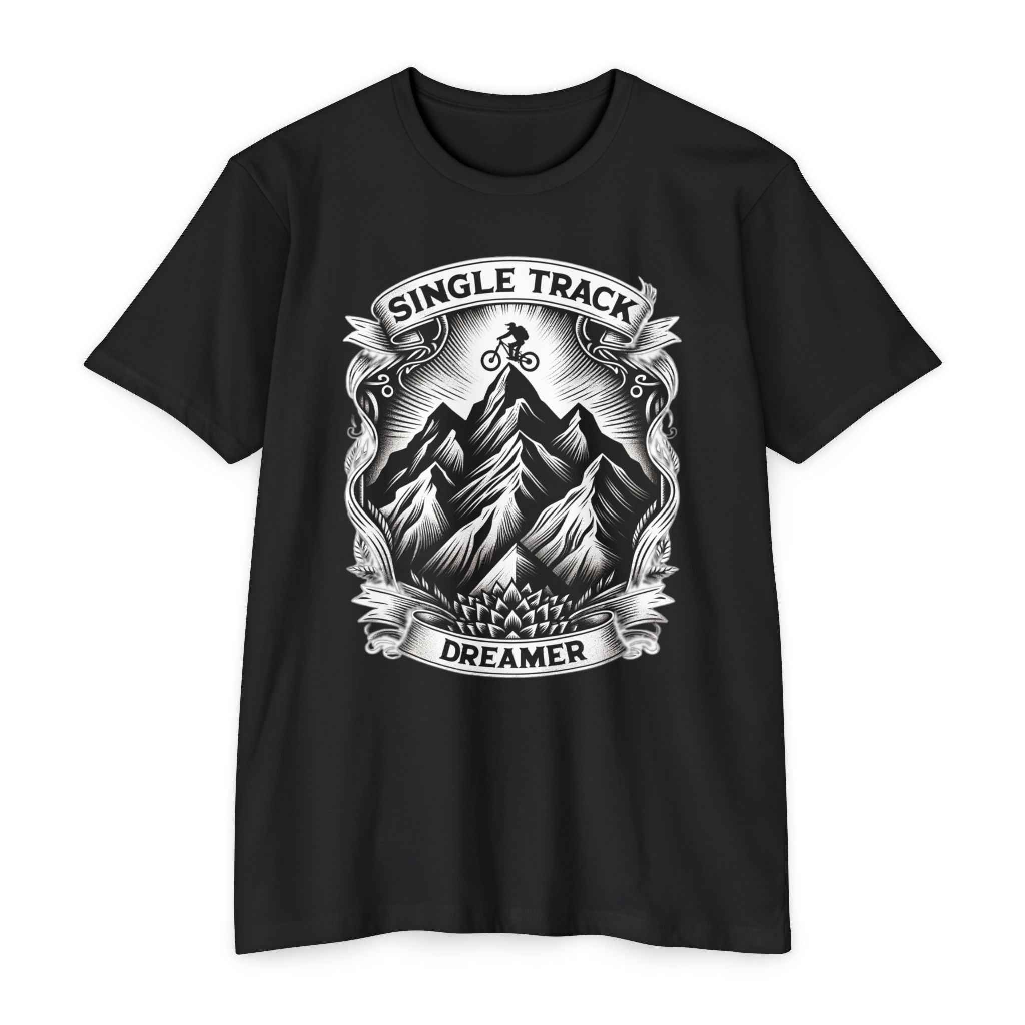 Summit Rider Jersey T Shirt in black showcasing 'Single Track Dreamer' graphic. Ideal MTB lifestyle clothing for enduro and freeride fans.