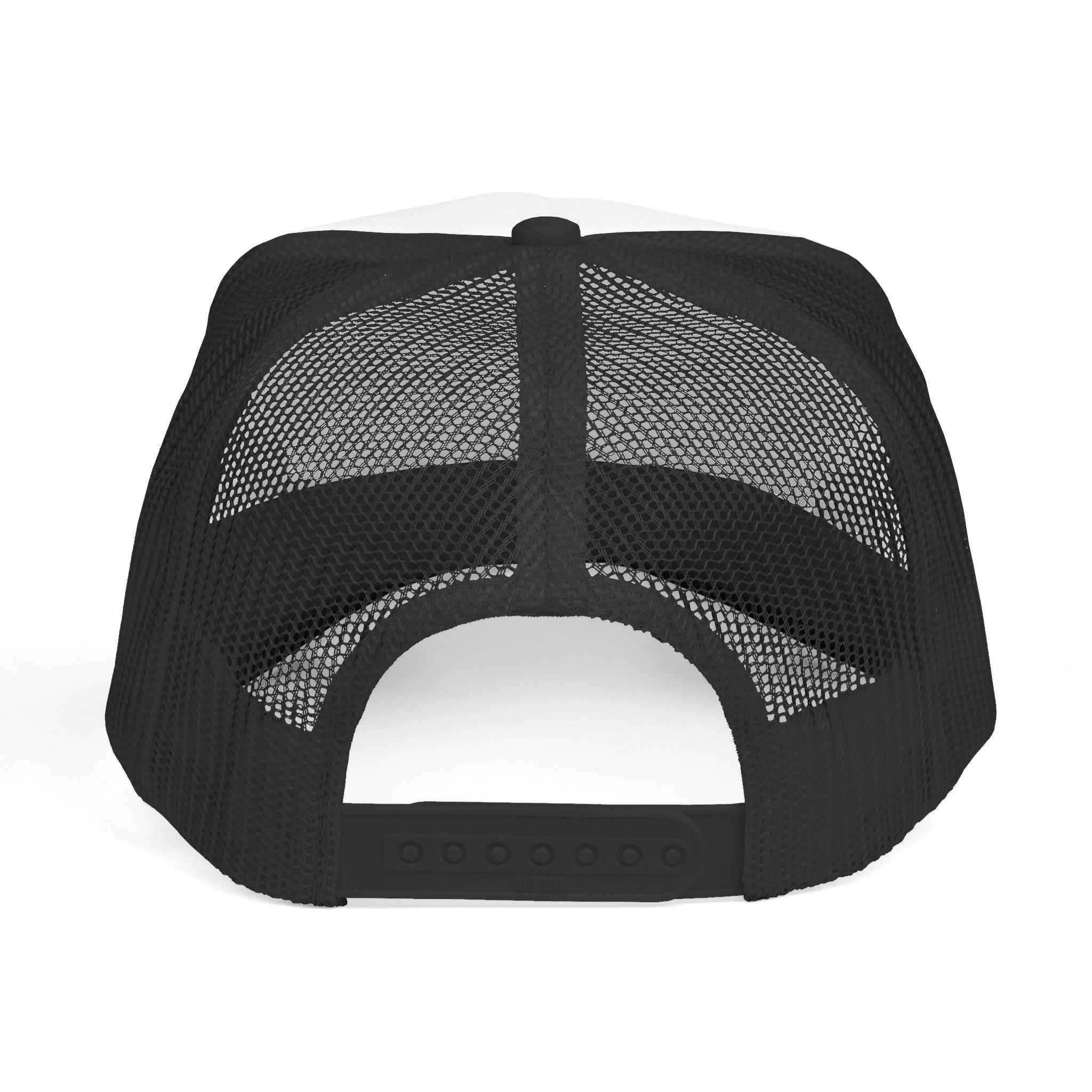 Back view of adjustable black mesh trucker cap with snapback closure, designed for comfort and ventilation during trail rides.