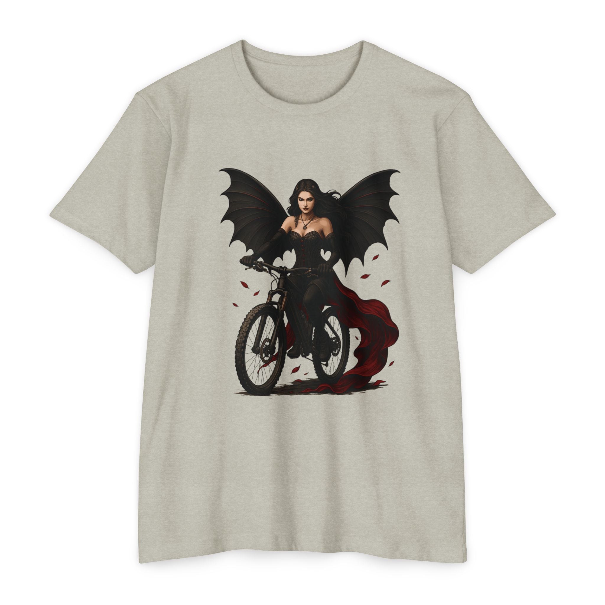 Gray t-shirt with a graphic of a woman on a motorcycle with bat wings on a white background