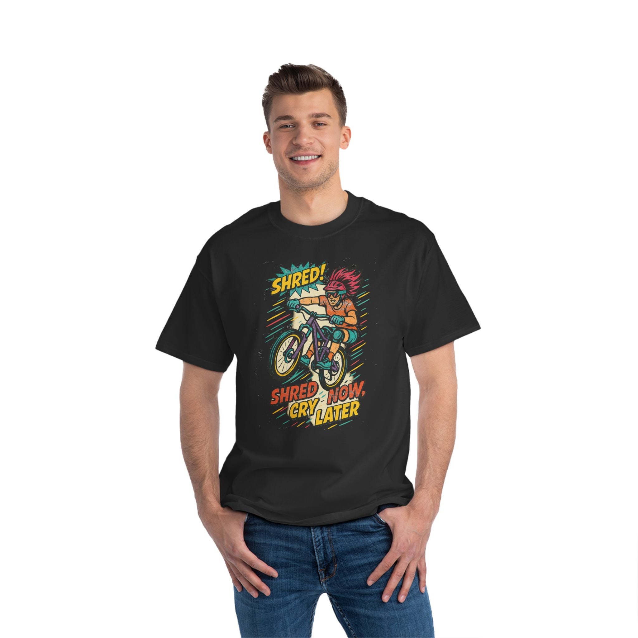 Fun Retro Biker Graphic Tee - 'Shred Now, Cry Later'