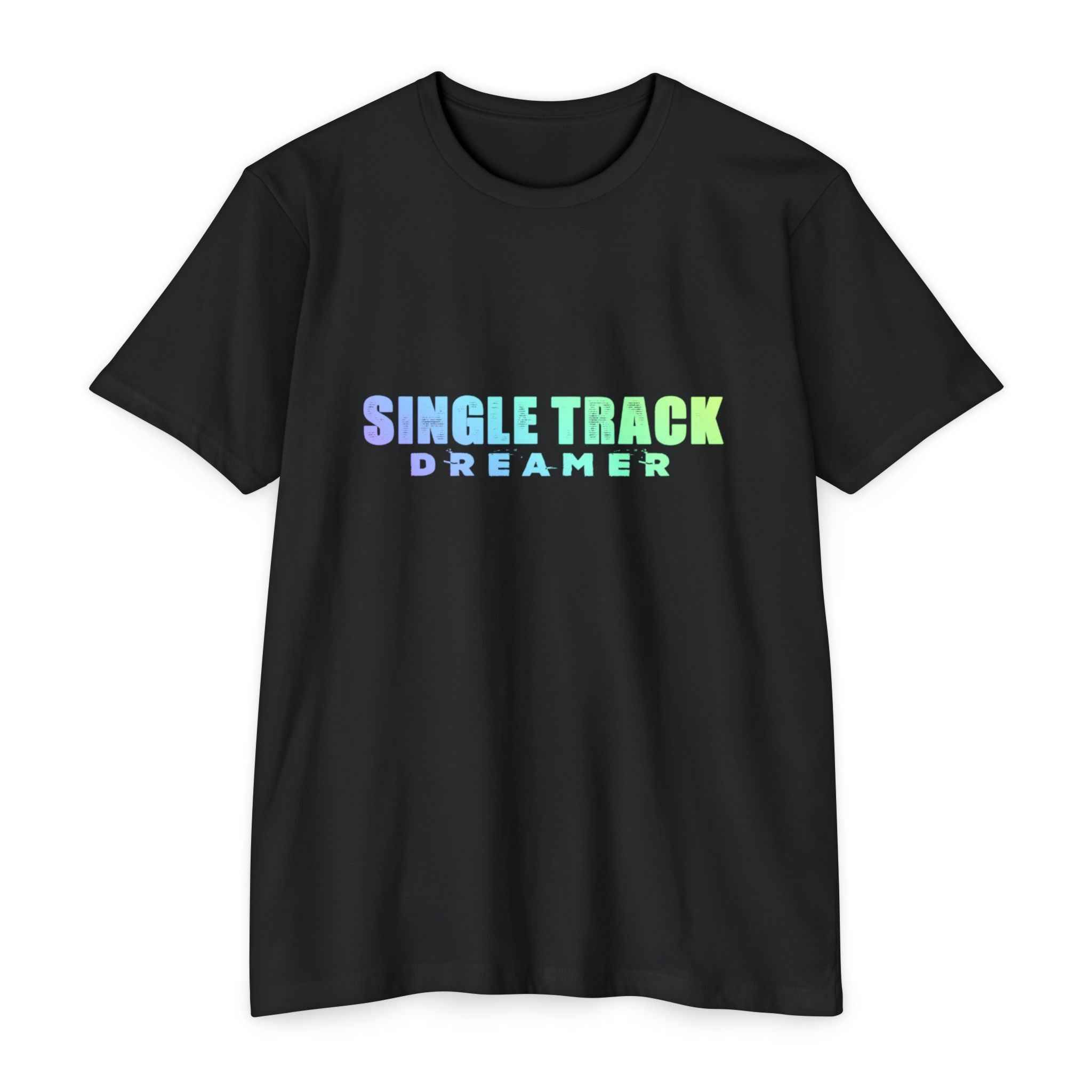 Front of black Skull Surge Single Track Dreamer T-shirt with bold pastel gradient text for mountain biking fans.