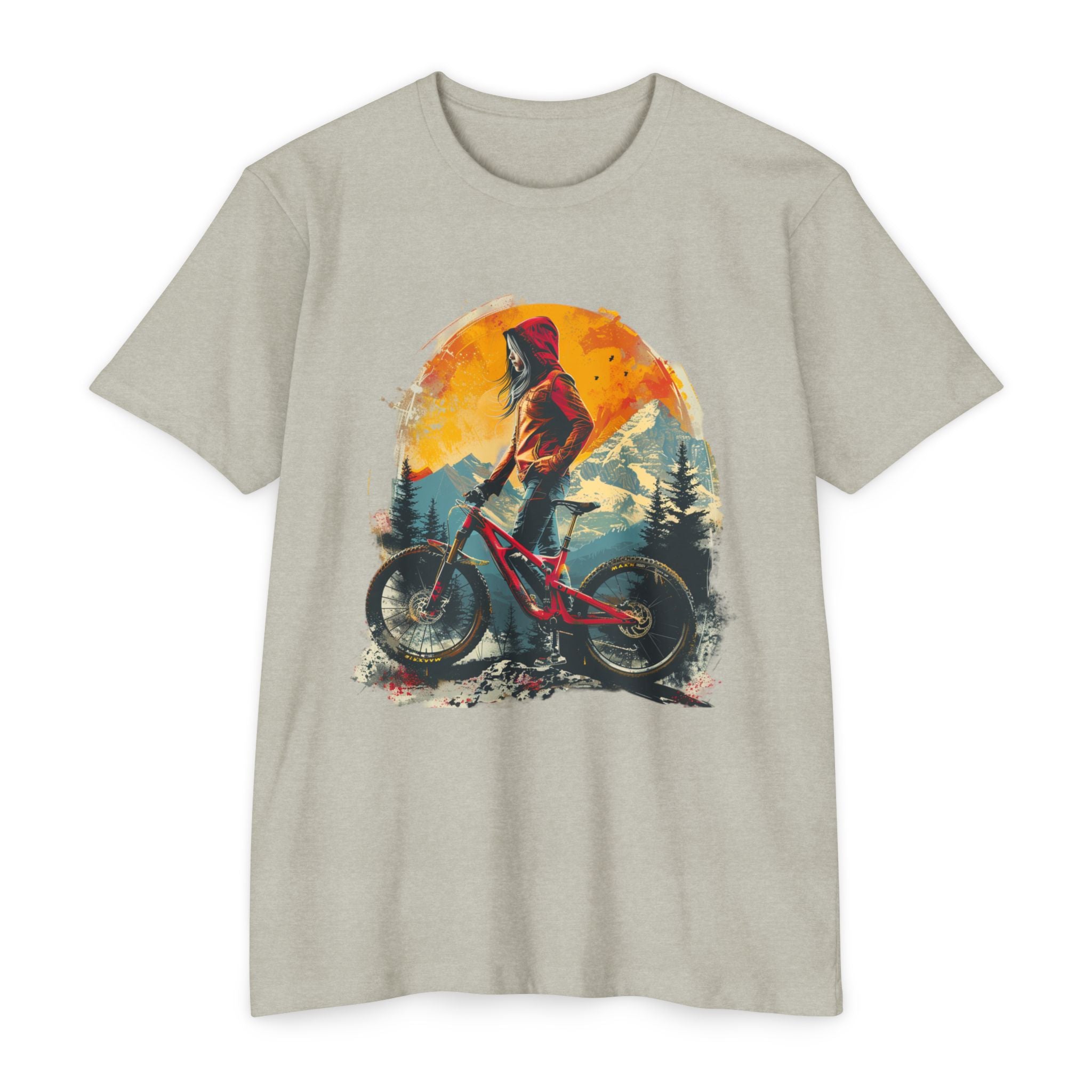 Women’s Mountain Bike Rider T-Shirt – Trail Sunset Art
