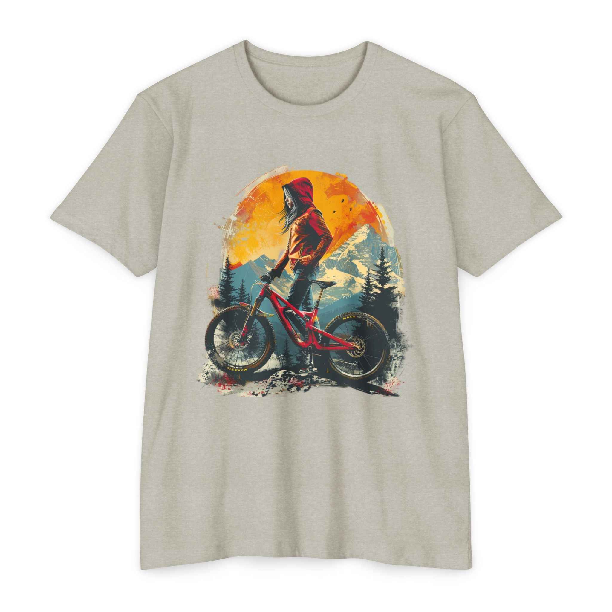 Women’s Mountain Bike Rider T-Shirt – Trail Sunset Art