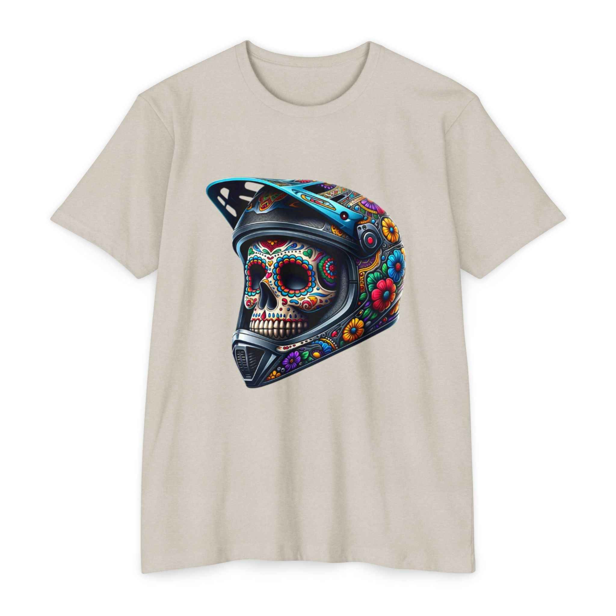 Beige Skull Candy Men's T-Shirt with vibrant skull helmet graphic. Lightweight and stylish for everyday comfort.
