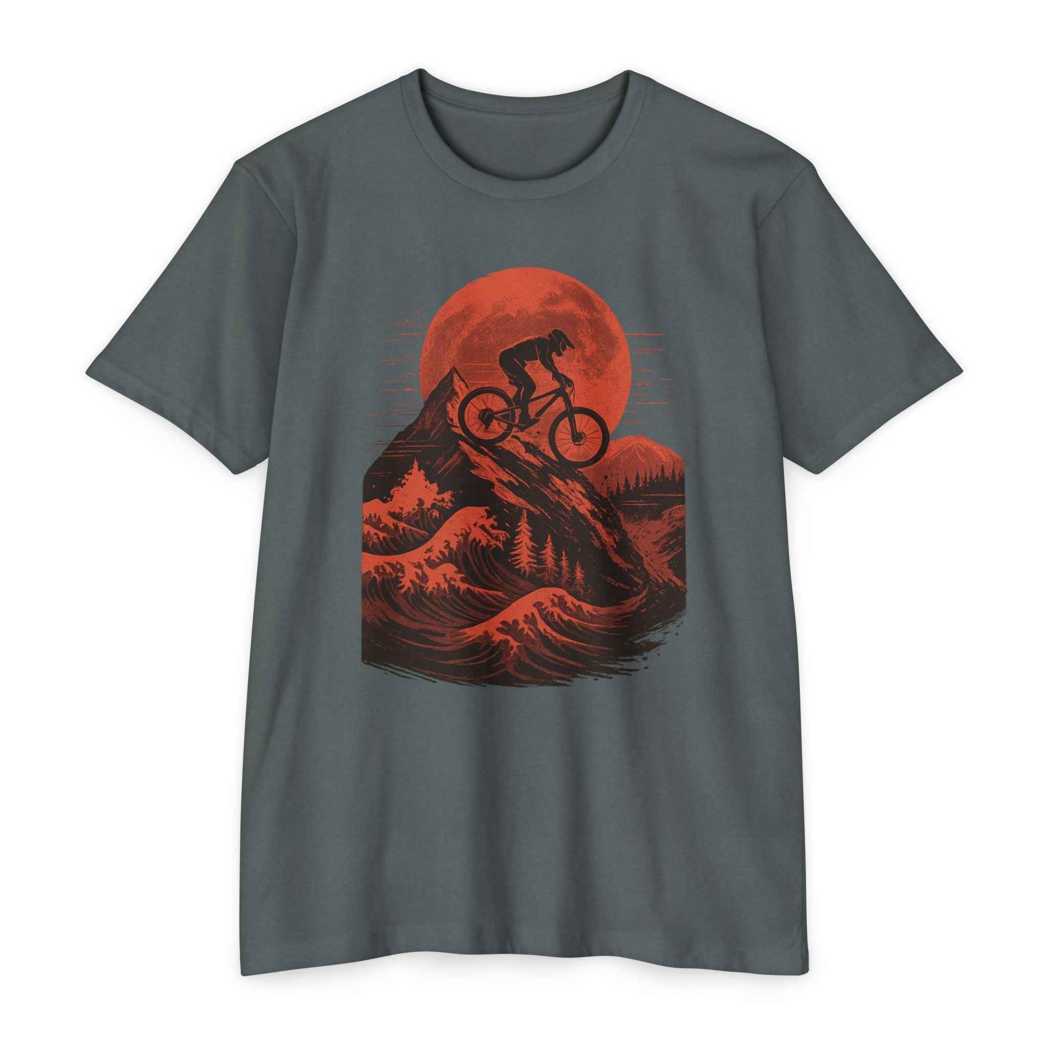 Adventure Tee - Blood Moon features a mountain biker silhouette riding downhill against a vivid red moon and rugged landscape. Ideal for MTB lifestyle apparel.