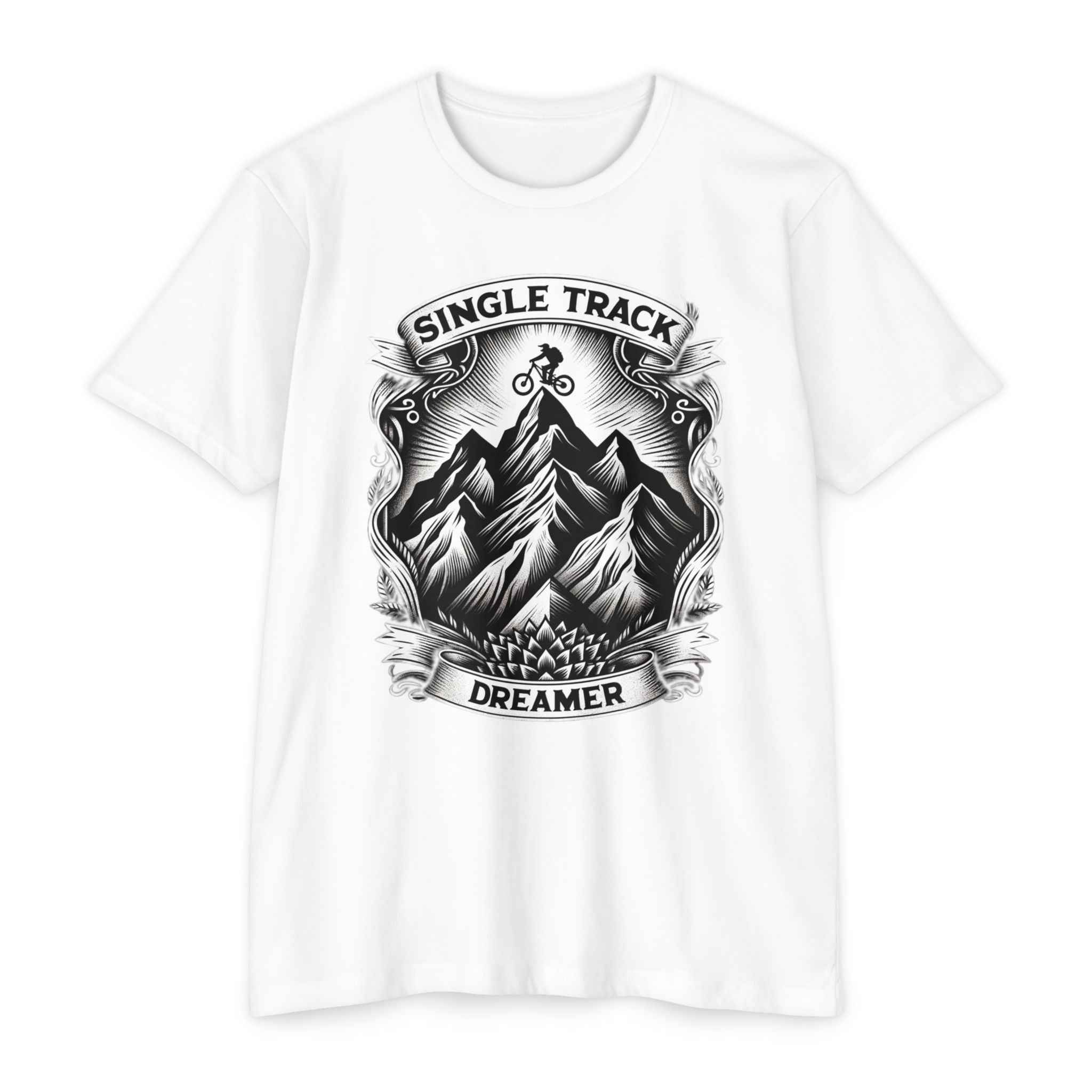 Summit Rider Jersey T Shirt in white with black mountain biking artwork. Durable unisex tee perfect for trail riders and MTB enthusiasts.
