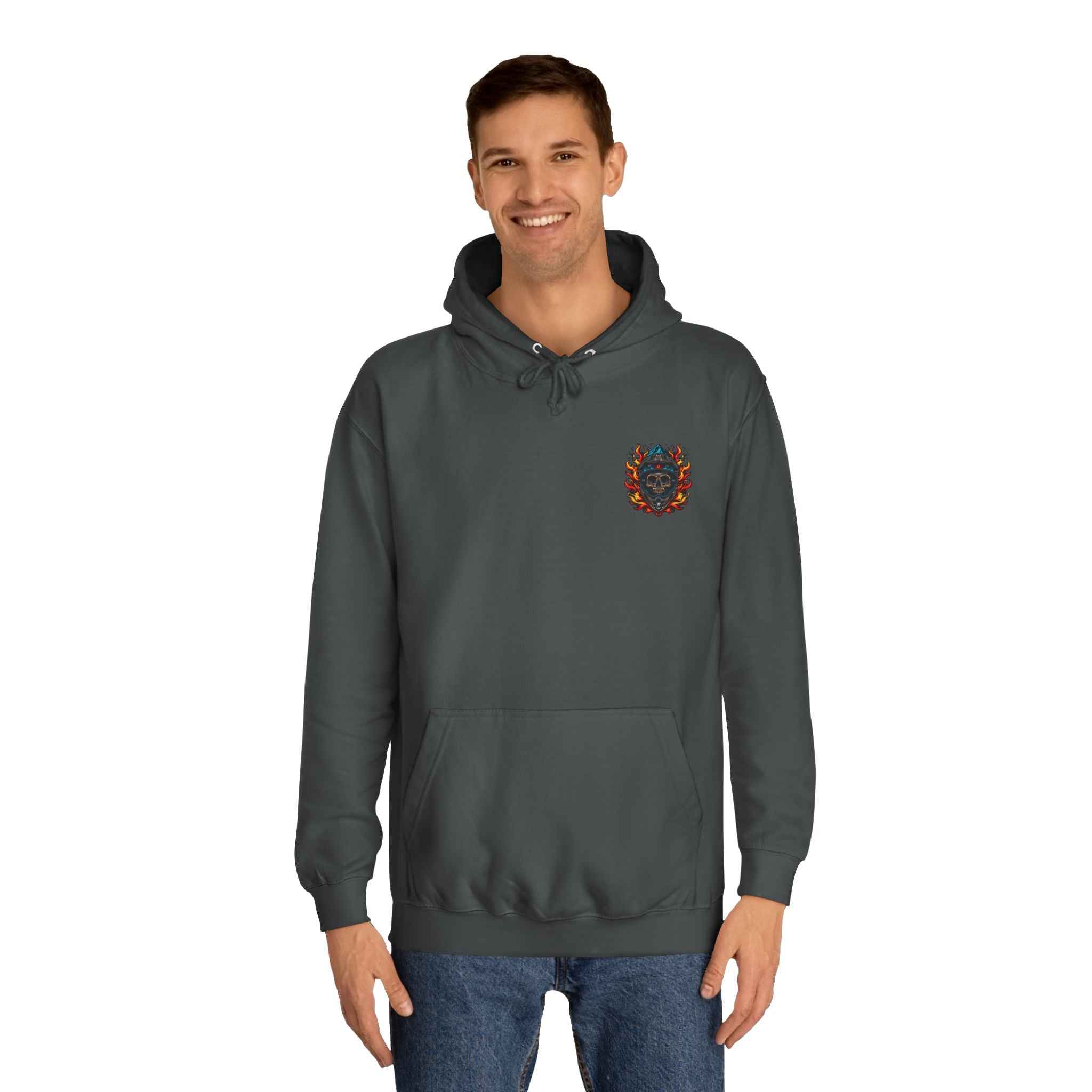 Model in charcoal Flaming Skull MTB Hoodie featuring front biker skull flame graphic, perfect for mountain biking lifestyle and streetwear.
