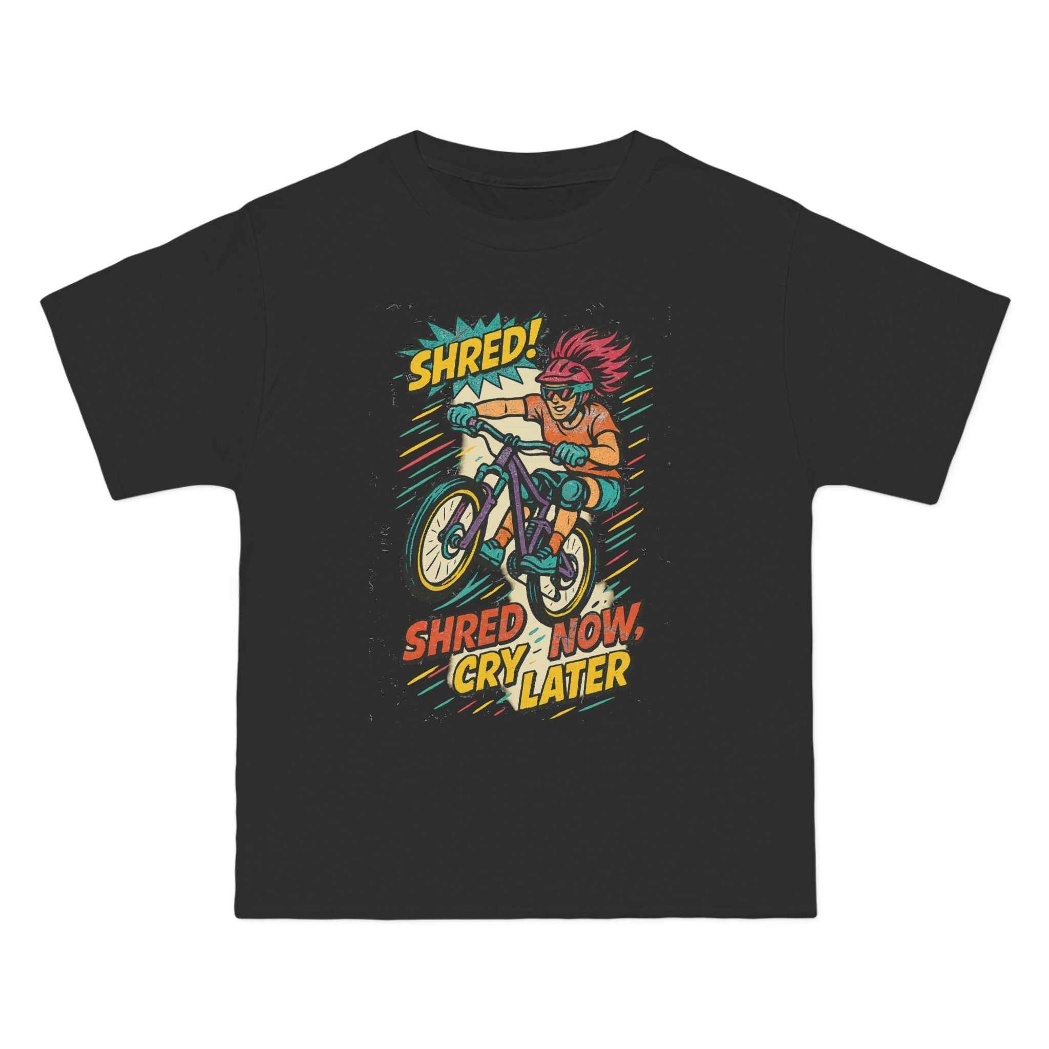 Black Retro Biker Graphic Tee featuring bold comic-style biker design and vibrant 'Shred Now, Cry Later' slogan, ideal for sporty casual outfits.