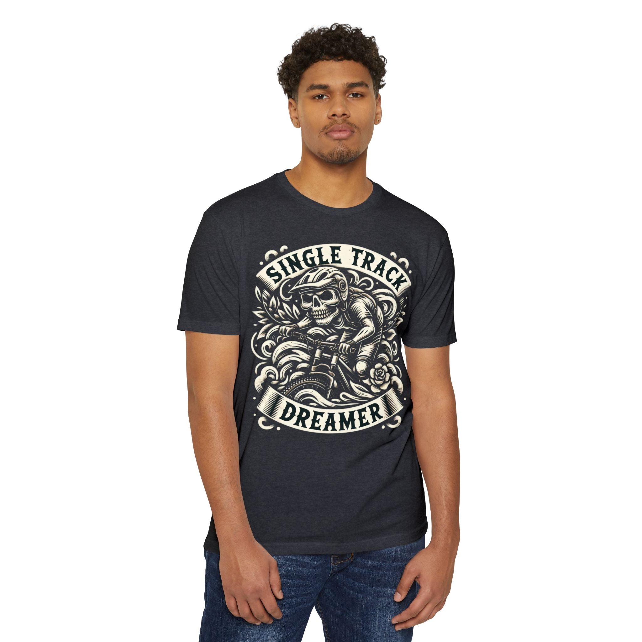 Skeletor – Single Track Dreamer Skeleton Rider Unisex CVC Jersey T-Shirt