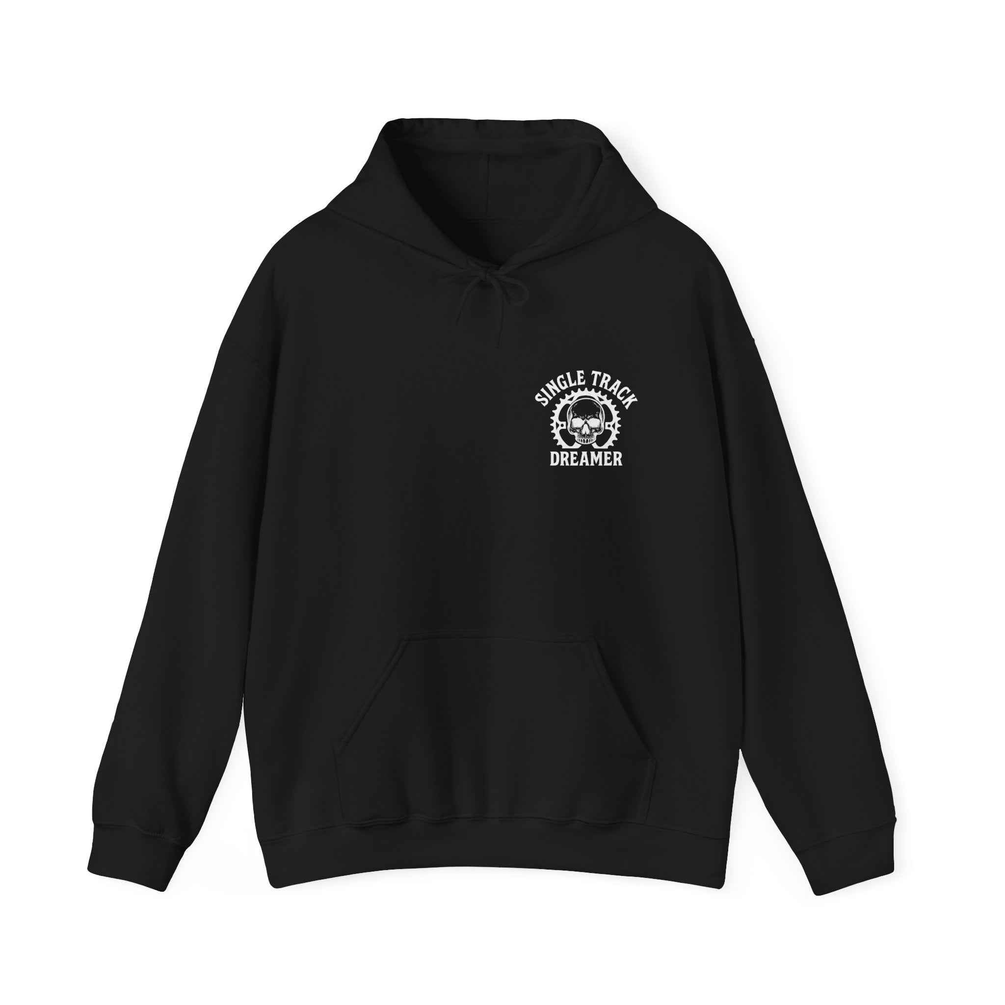 Men's Hooded Sweatshirt - Everyday Comfort | Kangaroo Pocket in black with 'Single Track Dreamer' skull gear logo on chest, ideal for casual wear.