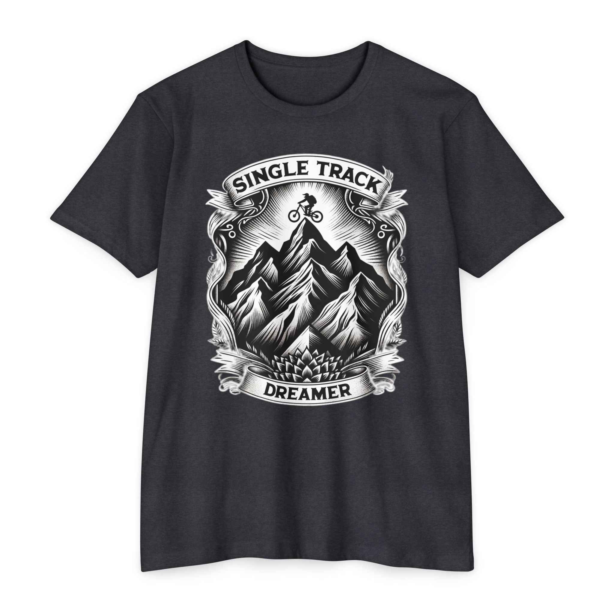 Summit Rider Jersey T Shirt in charcoal gray with 'Single Track Dreamer' mountain biking graphic. Unisex fit ideal for MTB lifestyle wear.