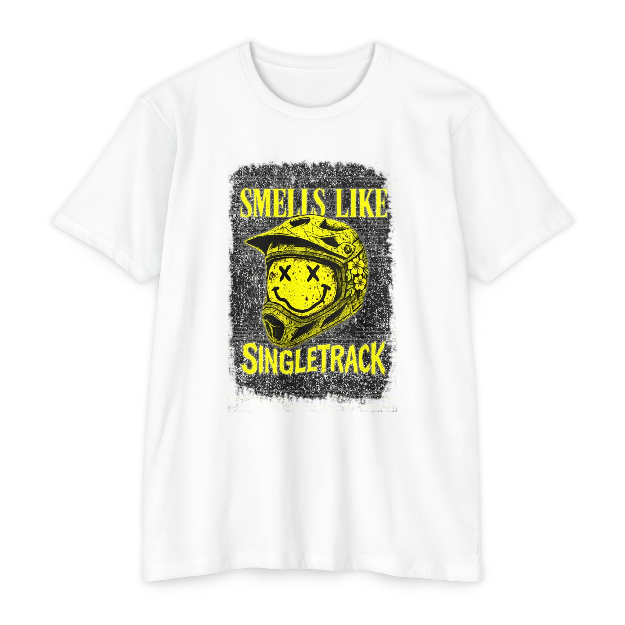 White t-shirt with graphic design and text 'Smells Like Singletrack' on a white background