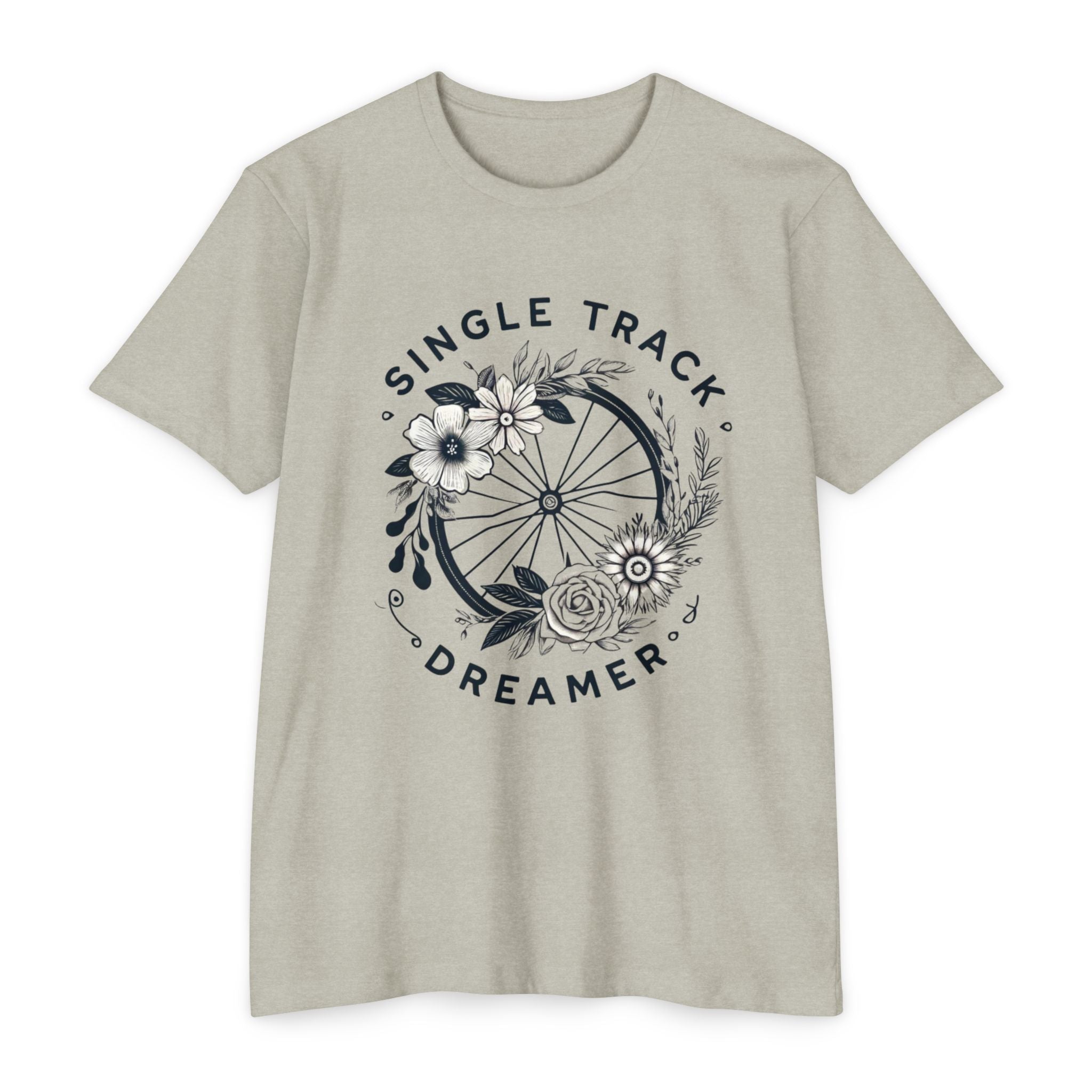 Light beige Women's MTB Tee with botanical bike wheel artwork and 'Single Track Dreamer' lettering. Designed for MTB lifestyle and outdoor wear.