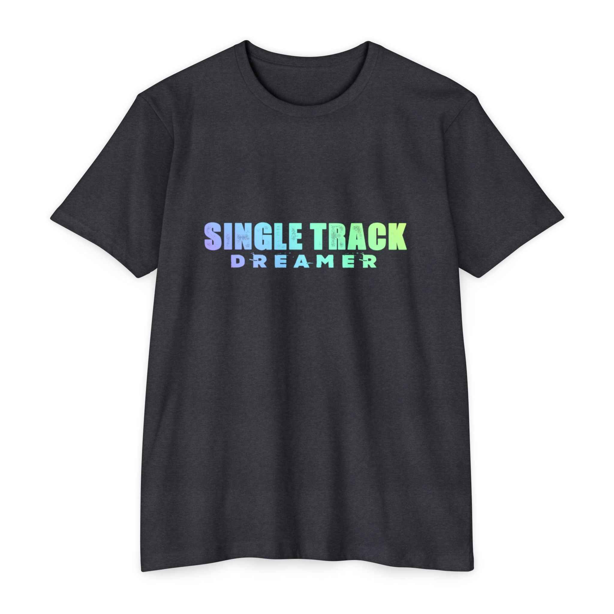 Front of charcoal Skull Surge Single Track Dreamer T-shirt featuring colorful gradient text for MTB enthusiasts.