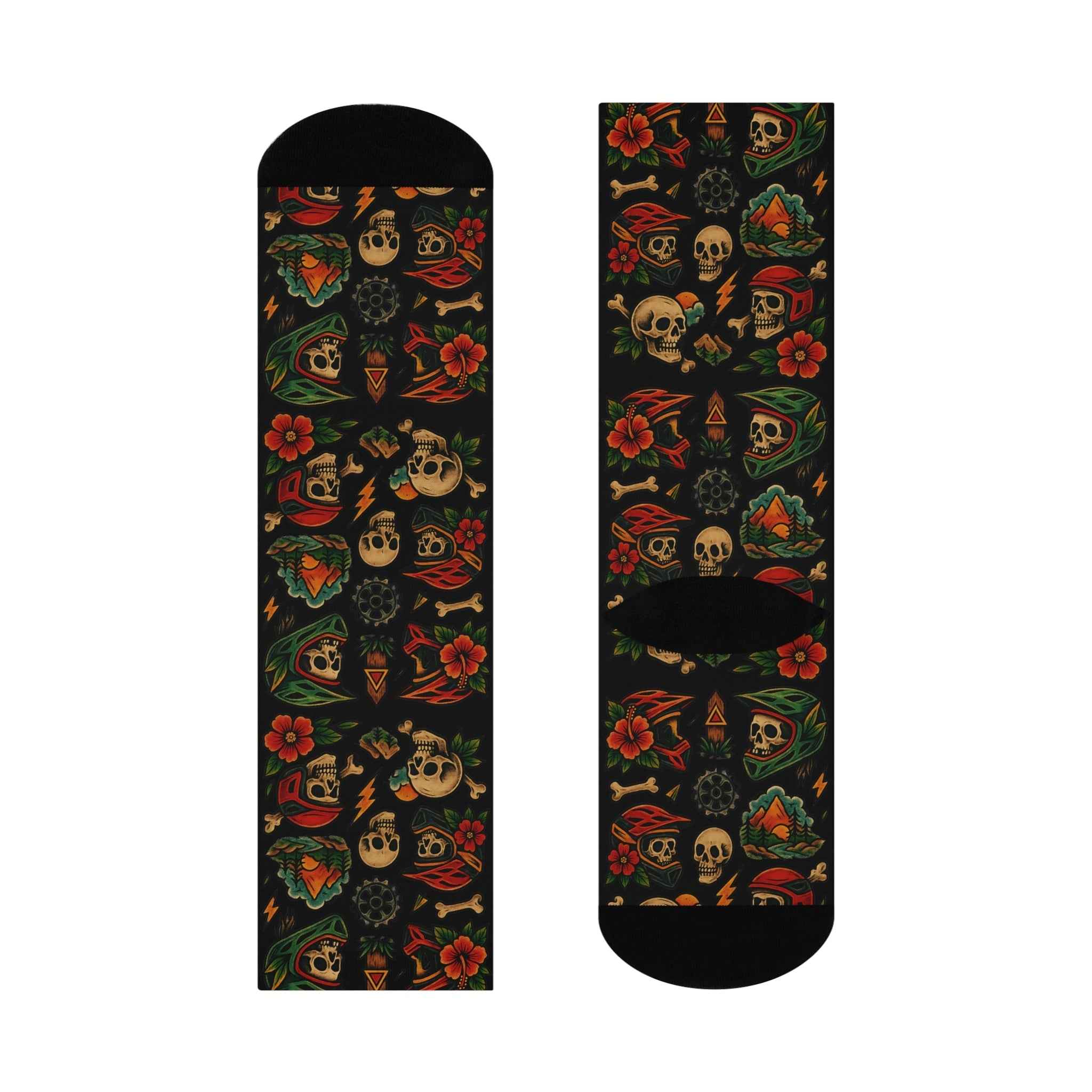 Detailed view of Vintage Skull Crew Socks with artistic skull and floral patterns. A bold, cushioned sock choice for active and stylish wearers.