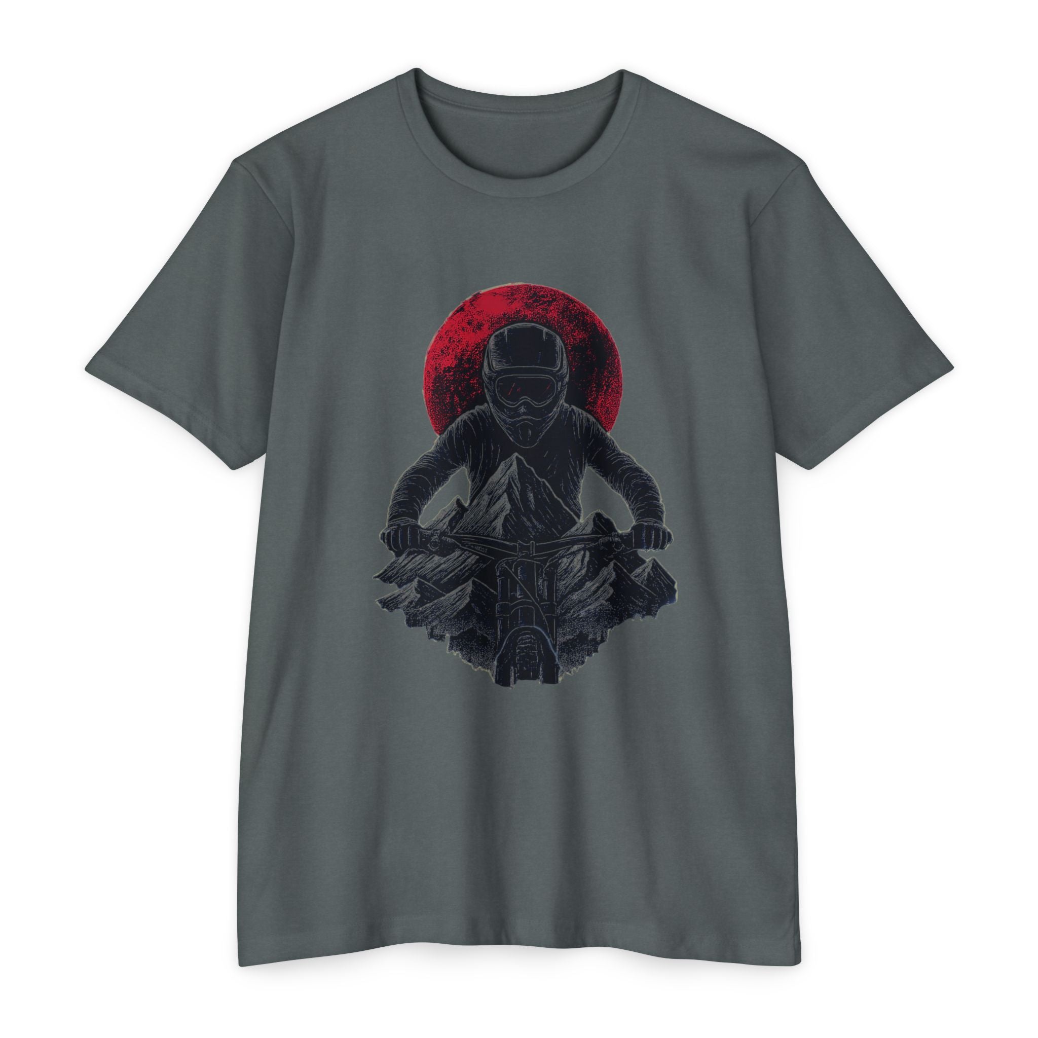 Vintage Mountain Bike Tee in charcoal gray with bold downhill rider graphic and red sun, ideal for MTB streetwear and trail enthusiasts.