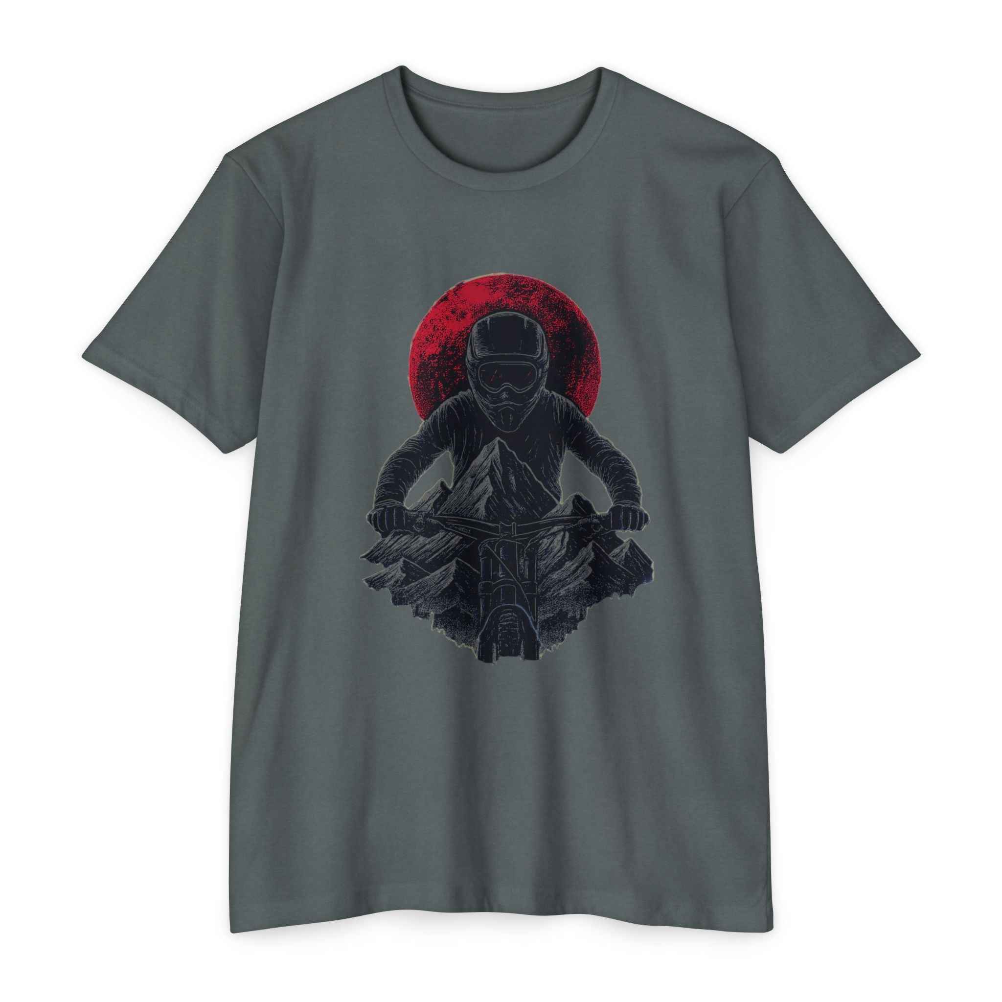 Vintage Mountain Bike Tee in charcoal gray with bold downhill rider graphic and red sun, ideal for MTB streetwear and trail enthusiasts.