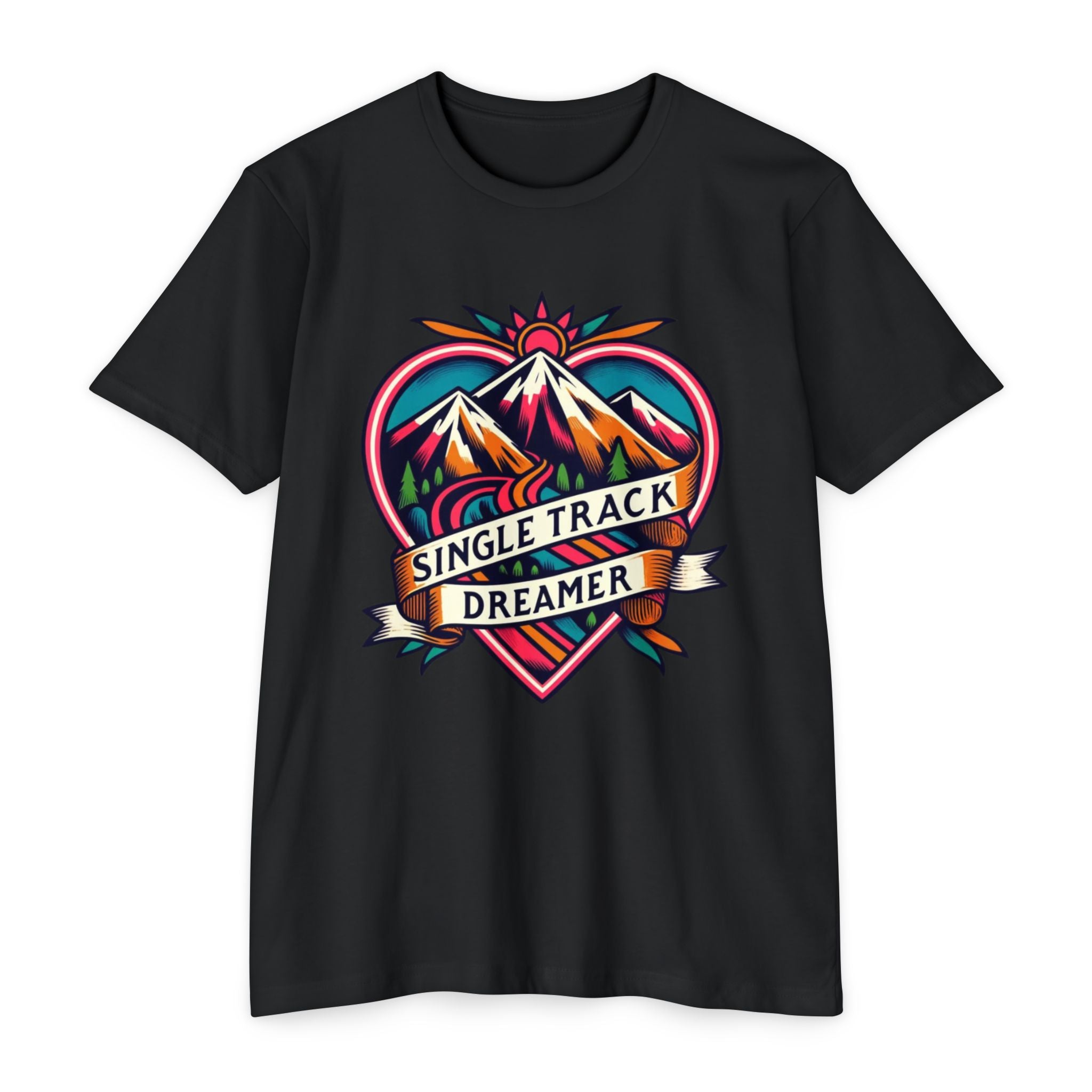 Black Customizable Men's T-shirt with colorful 'Single Track Dreamer' mountain design. Comfortable cotton tee for versatile styling.