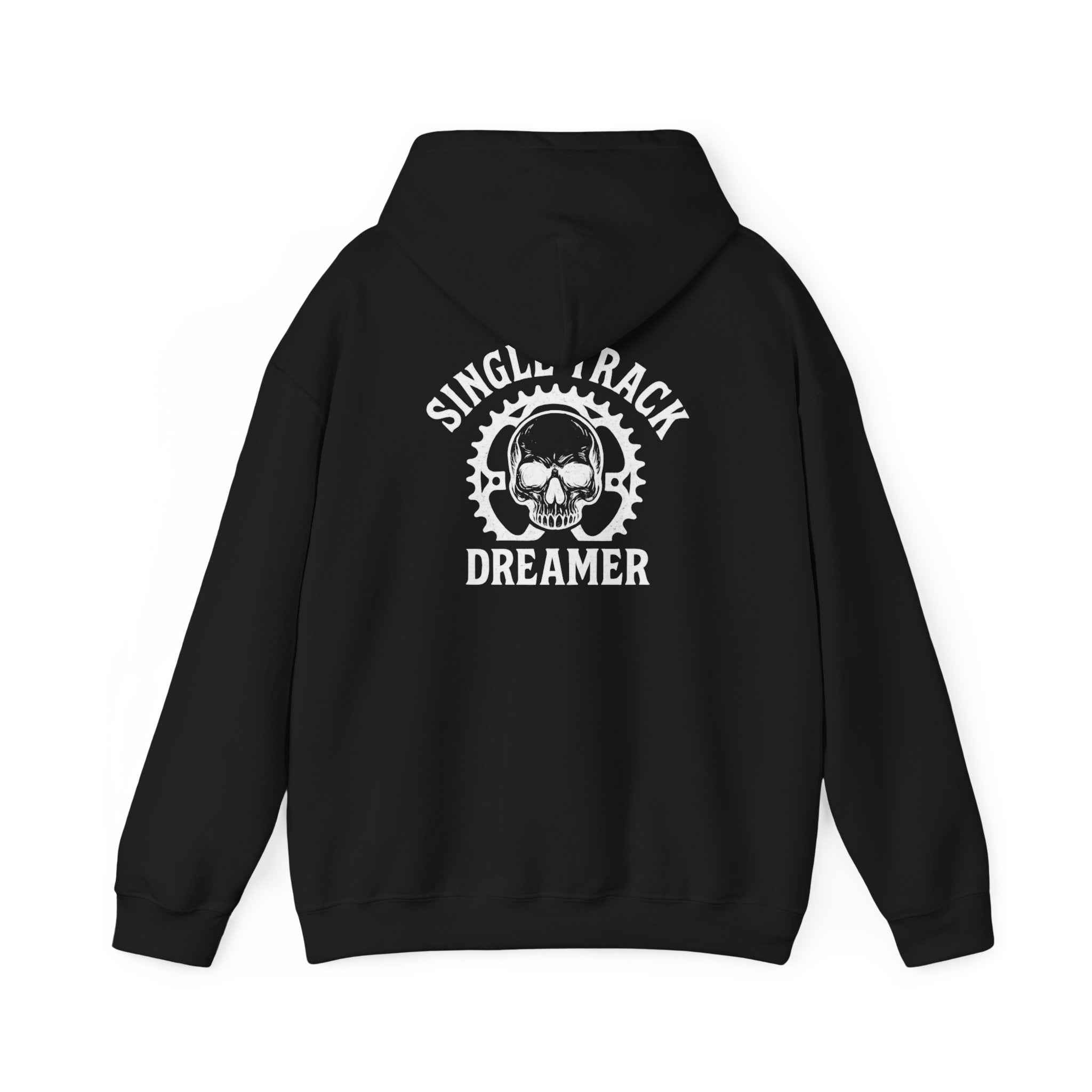 Back view of black Men's Hooded Sweatshirt - Everyday Comfort with bold 'Single Track Dreamer' skull gear graphic, perfect for streetwear fashion.