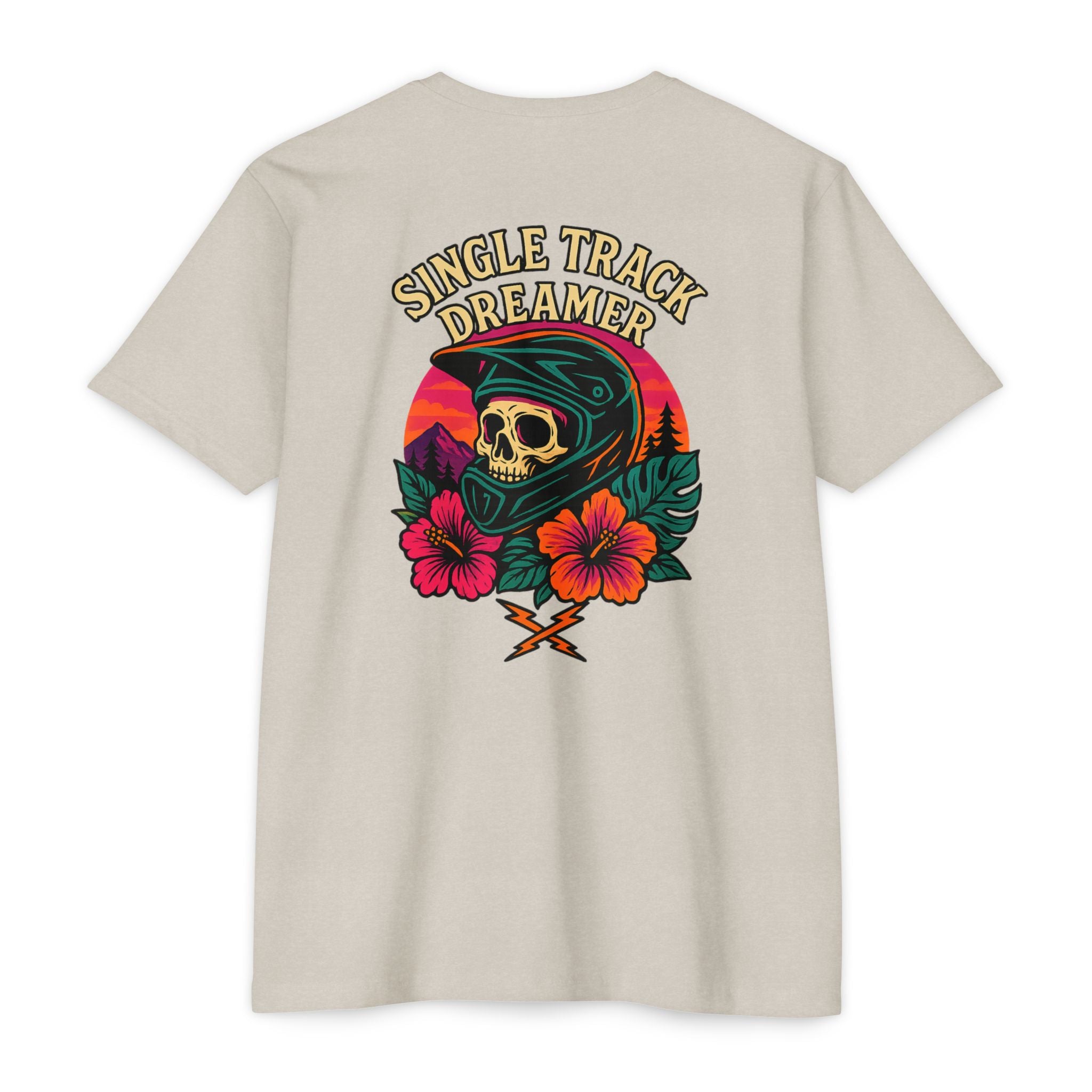 Beige t-shirt with a colorful graphic design featuring a skull, flowers, and mountains on a white background.