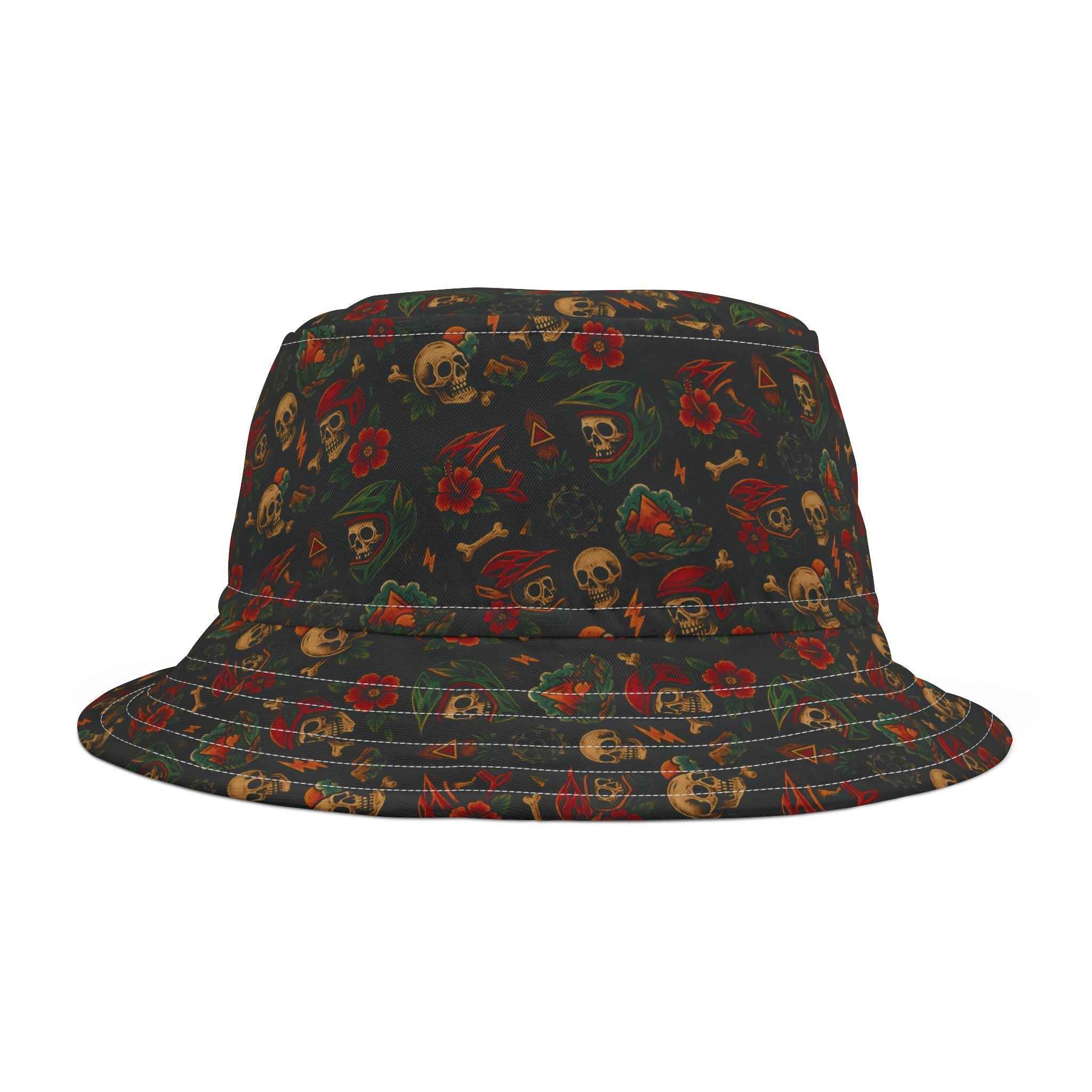 Dark floral Skull Bucket Hat featuring skull motifs and red flowers, ideal for outdoor style and trendy streetwear fashion.