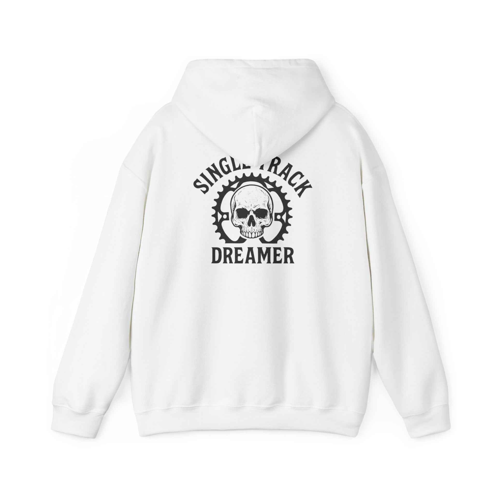 Back of white Men's Hooded Sweatshirt - Everyday Comfort with standout 'Single Track Dreamer' skull gear print, cozy winter wear essential.