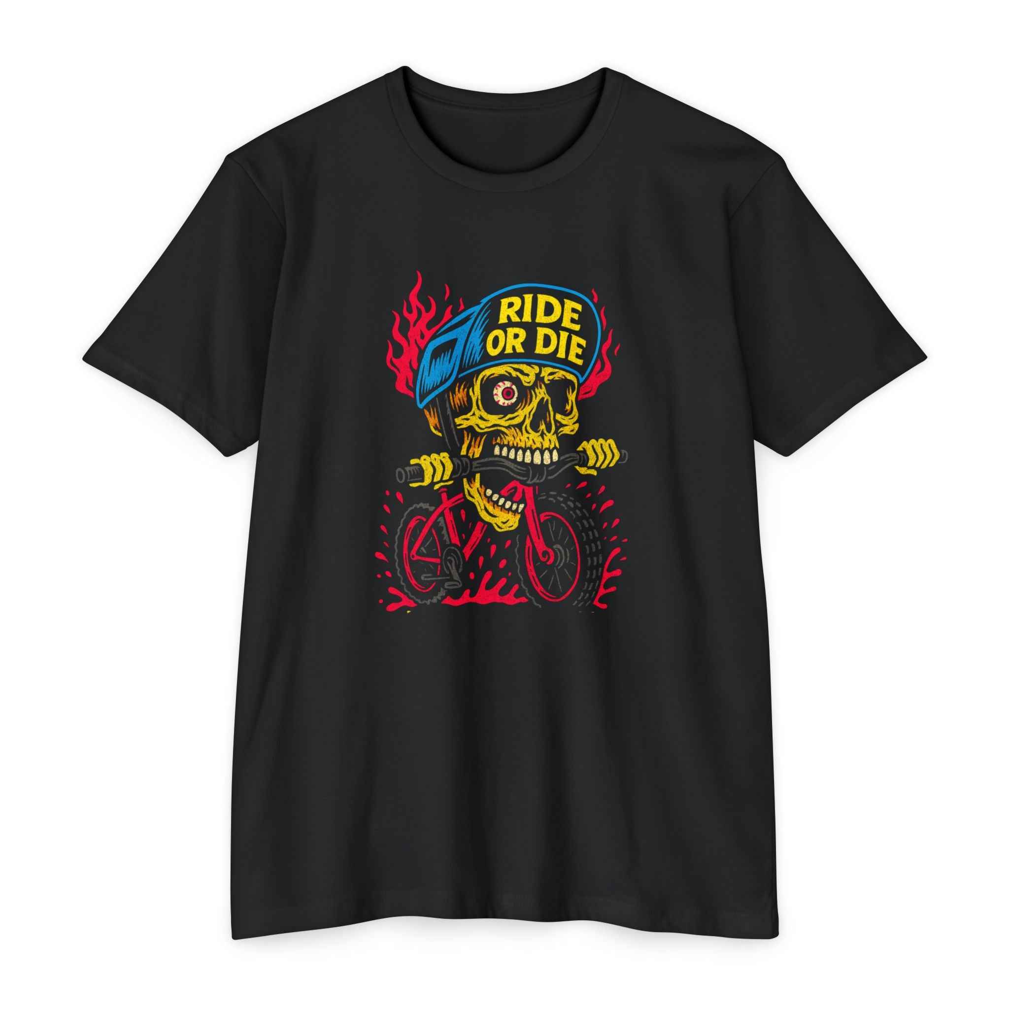 Men's Mountain Bike Graphic Tee - Ride or Die Shirt featuring a bold skull on a bike with flames, perfect for adventurous cyclists and MTB fans.