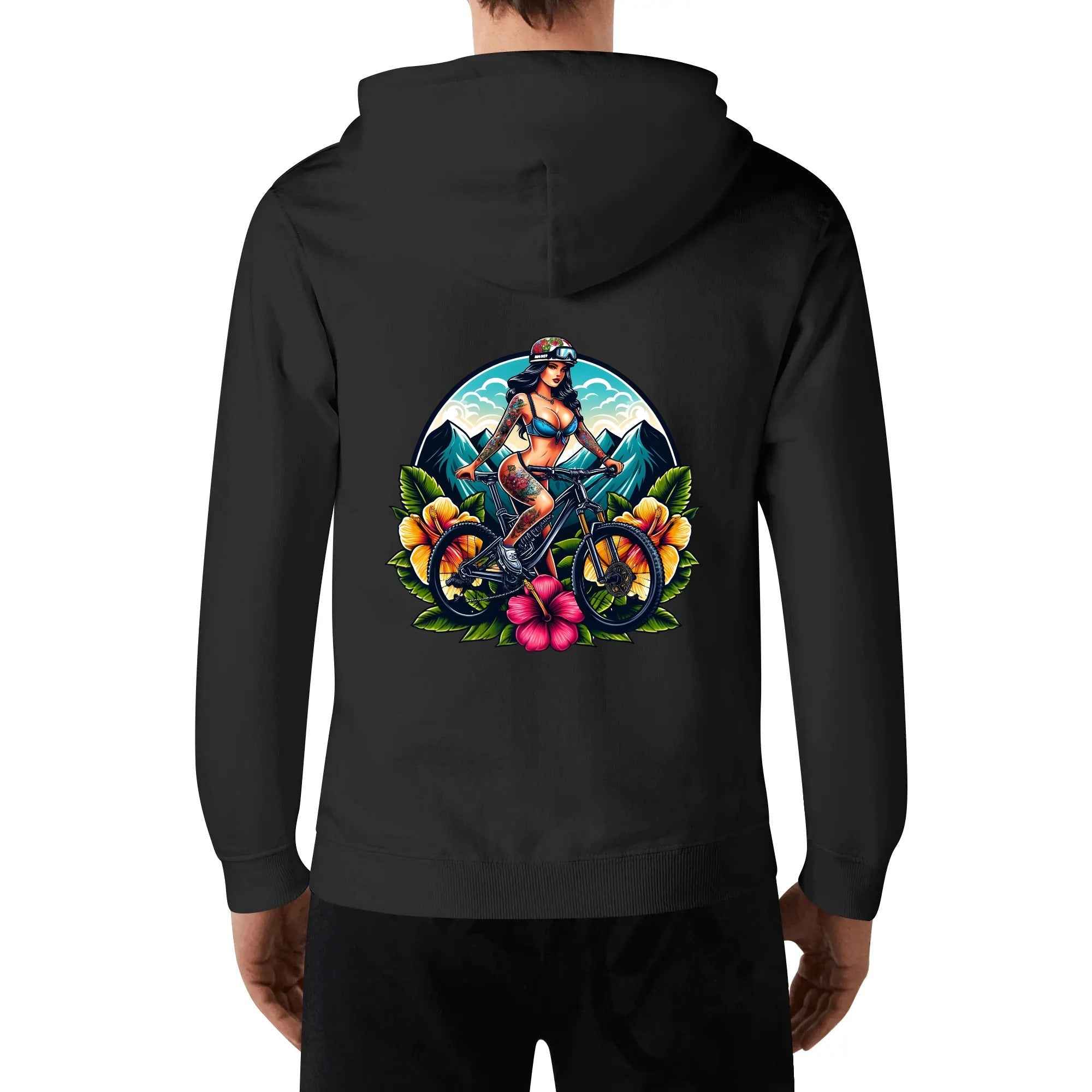 Tattoo Girl Hoodie Men - Style & Comfort | 4 Designs with vibrant tattoo girl cycling graphic on back, ideal for streetwear fashion.