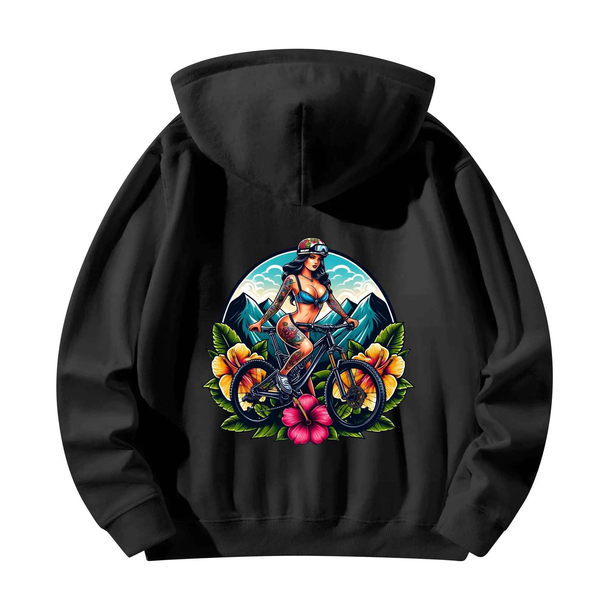 Tattoo Girl Hoodie Men - Style & Comfort | 4 Designs showcasing detailed back artwork with tropical flowers and mountain scene.