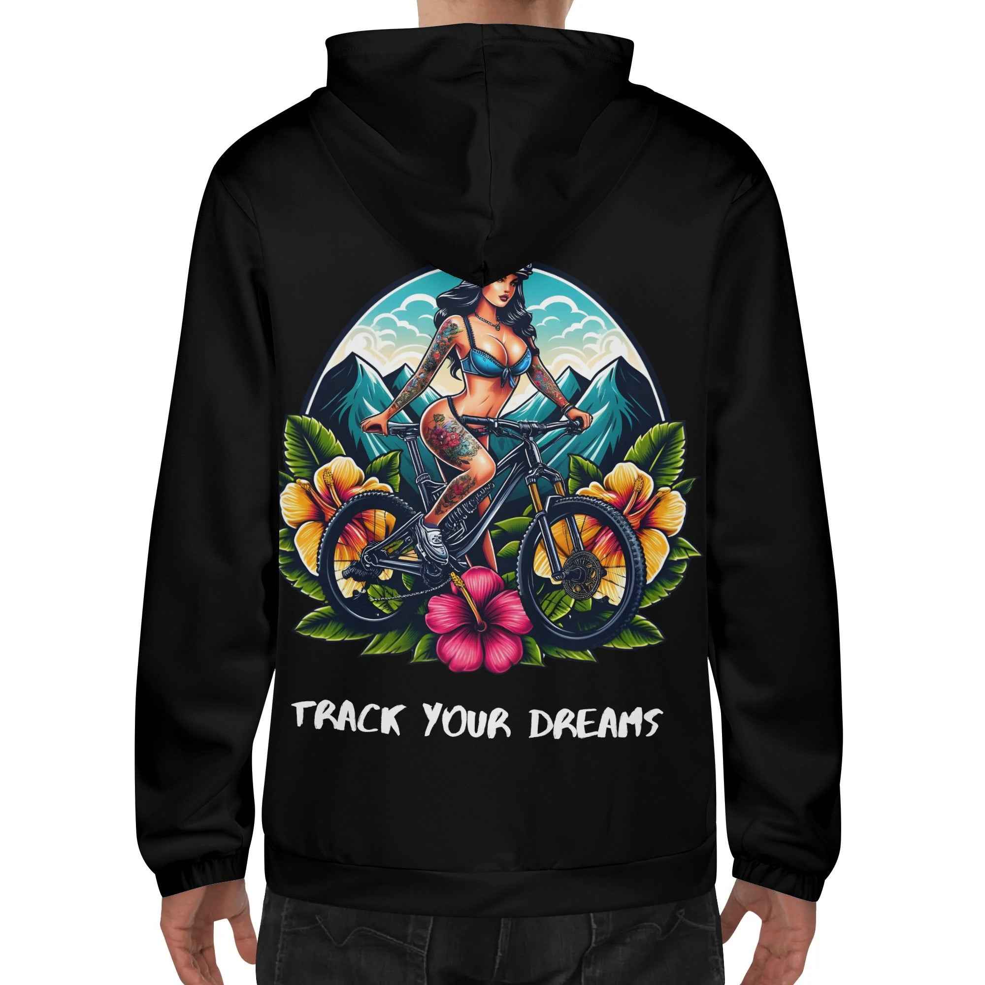 Back view of men's hoodie showcasing colorful tattoo girl on a bike with floral background and 'Track Your Dreams' text.