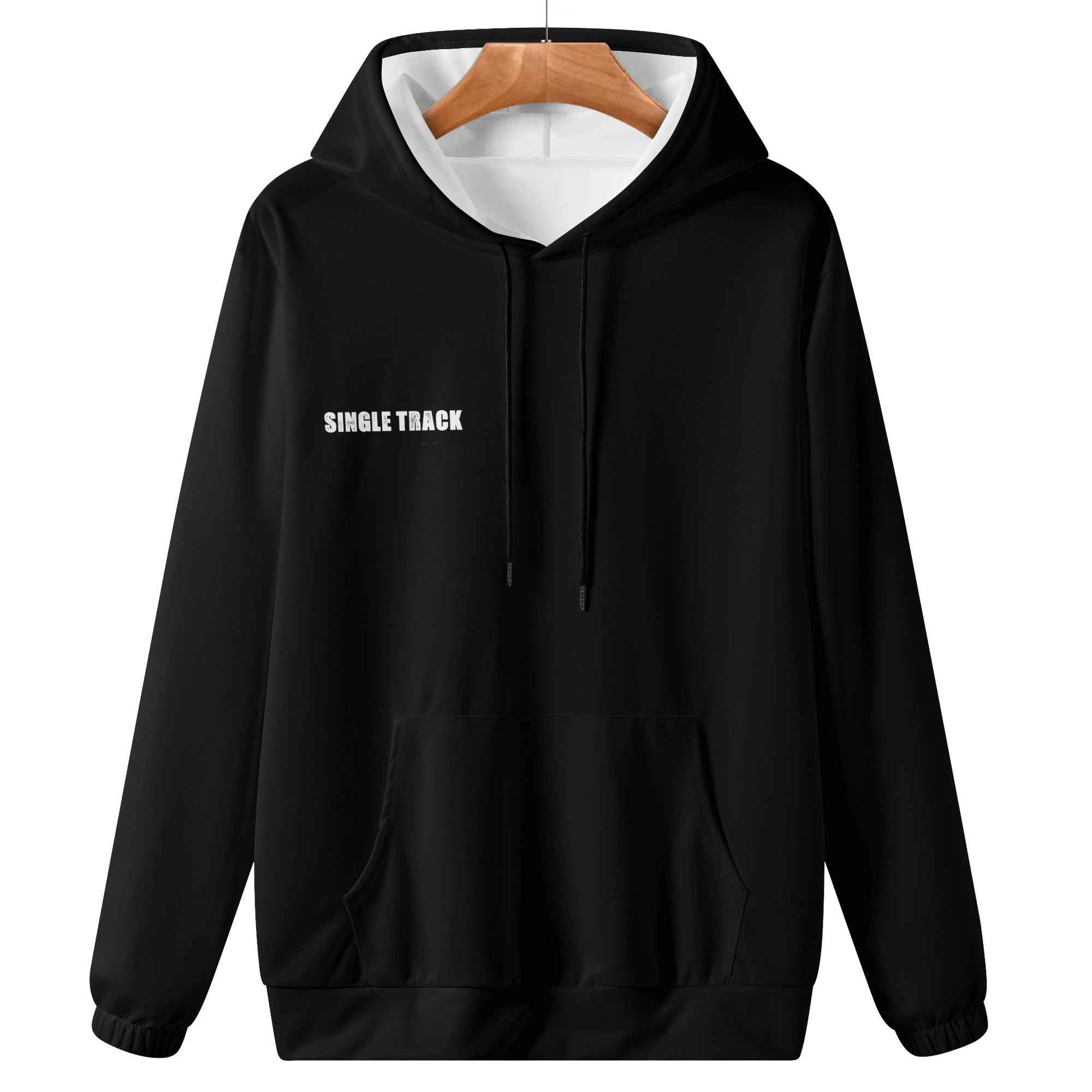 Men's hoodie on hanger showing minimalist front with 'Single Track' text, perfect for stylish and comfortable daily wear.