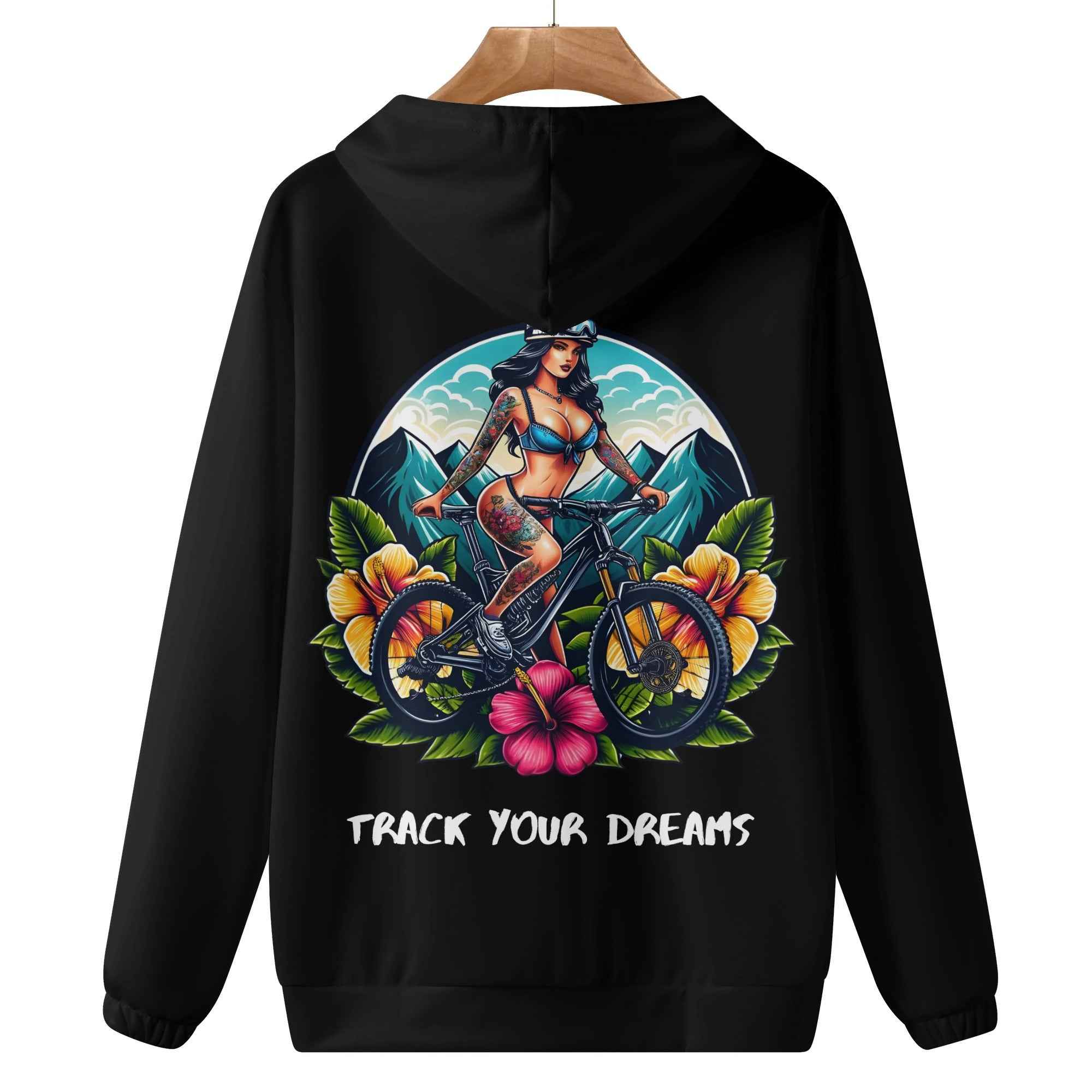 Tattoo girl cycling graphic on back of men's hoodie with tropical flowers and motivational text, ideal for fashion-forward streetwear.